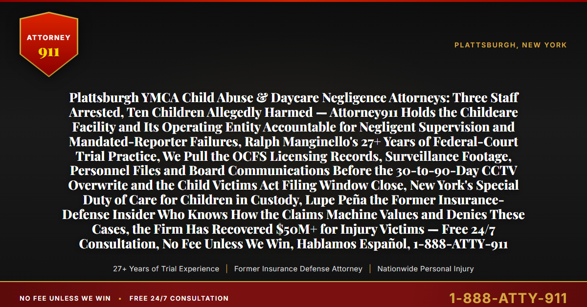 Plattsburgh YMCA Child Abuse & Daycare Negligence Attorneys: Three Staff Arrested, Ten Children Allegedly Harmed — Attorney911 Holds the Childcare Facility and Its Operating Entity Accountable for Negligent Supervision and Mandated-Reporter Failures, Ralph Manginello's 27+ Years of Federal-Court Trial Practice, We Pull the OCFS Licensing Records, Surveillance Footage, Personnel Files and Board Communications Before the 30-to-90-Day CCTV Overwrite and the Child Victims Act Filing Window Close, New York's Special Duty of Care for Children in Custody, Lupe Peña the Former Insurance-Defense Insider Who Knows How the Claims Machine Values and Denies These Cases, the Firm Has Recovered $50M+ for Injury Victims — Free 24/7 Consultation, No Fee Unless We Win, Hablamos Español, 1-888-ATTY-911 - Attorney911
