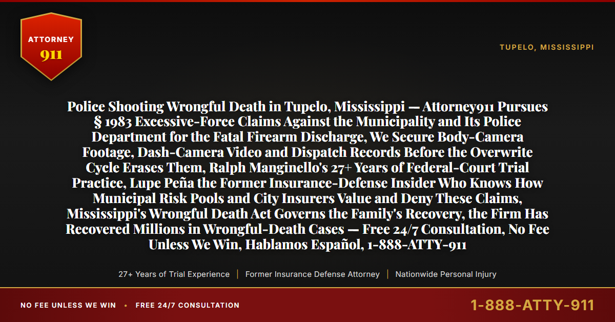 Police Shooting Wrongful Death in Tupelo, Mississippi — Attorney911 Pursues § 1983 Excessive-Force Claims Against the Municipality and Its Police Department for the Fatal Firearm Discharge, We Secure Body-Camera Footage, Dash-Camera Video and Dispatch Records Before the Overwrite Cycle Erases Them, Ralph Manginello's 27+ Years of Federal-Court Trial Practice, Lupe Peña the Former Insurance-Defense Insider Who Knows How Municipal Risk Pools and City Insurers Value and Deny These Claims, Mississippi's Wrongful Death Act Governs the Family's Recovery, the Firm Has Recovered Millions in Wrongful-Death Cases — Free 24/7 Consultation, No Fee Unless We Win, Hablamos Español, 1-888-ATTY-911 - Attorney911