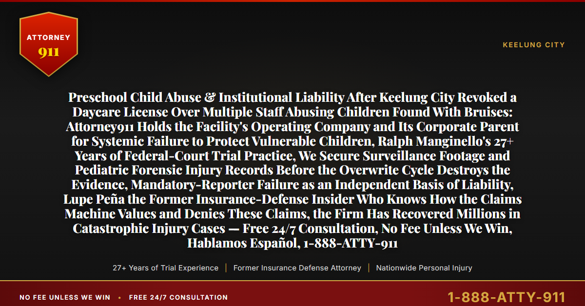 Preschool Child Abuse & Institutional Liability After Keelung City Revoked a Daycare License Over Multiple Staff Abusing Children Found With Bruises: Attorney911 Holds the Facility's Operating Company and Its Corporate Parent for Systemic Failure to Protect Vulnerable Children, Ralph Manginello's 27+ Years of Federal-Court Trial Practice, We Secure Surveillance Footage and Pediatric Forensic Injury Records Before the Overwrite Cycle Destroys the Evidence, Mandatory-Reporter Failure as an Independent Basis of Liability, Lupe Peña the Former Insurance-Defense Insider Who Knows How the Claims Machine Values and Denies These Claims, the Firm Has Recovered Millions in Catastrophic Injury Cases — Free 24/7 Consultation, No Fee Unless We Win, Hablamos Español, 1-888-ATTY-911 - Attorney911