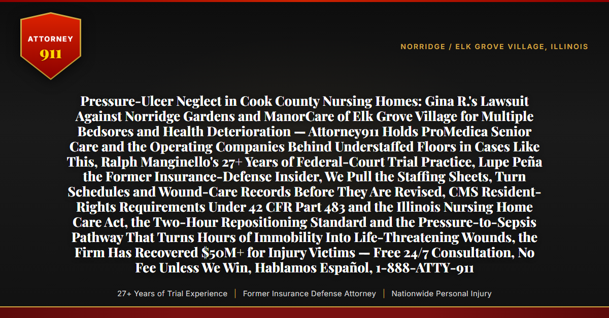 Pressure-Ulcer Neglect in Cook County Nursing Homes: Gina R.'s Lawsuit Against Norridge Gardens and ManorCare of Elk Grove Village for Multiple Bedsores and Health Deterioration — Attorney911 Holds ProMedica Senior Care and the Operating Companies Behind Understaffed Floors in Cases Like This, Ralph Manginello's 27+ Years of Federal-Court Trial Practice, Lupe Peña the Former Insurance-Defense Insider, We Pull the Staffing Sheets, Turn Schedules and Wound-Care Records Before They Are Revised, CMS Resident-Rights Requirements Under 42 CFR Part 483 and the Illinois Nursing Home Care Act, the Two-Hour Repositioning Standard and the Pressure-to-Sepsis Pathway That Turns Hours of Immobility Into Life-Threatening Wounds, the Firm Has Recovered $50M+ for Injury Victims — Free 24/7 Consultation, No Fee Unless We Win, Hablamos Español, 1-888-ATTY-911 - Attorney911