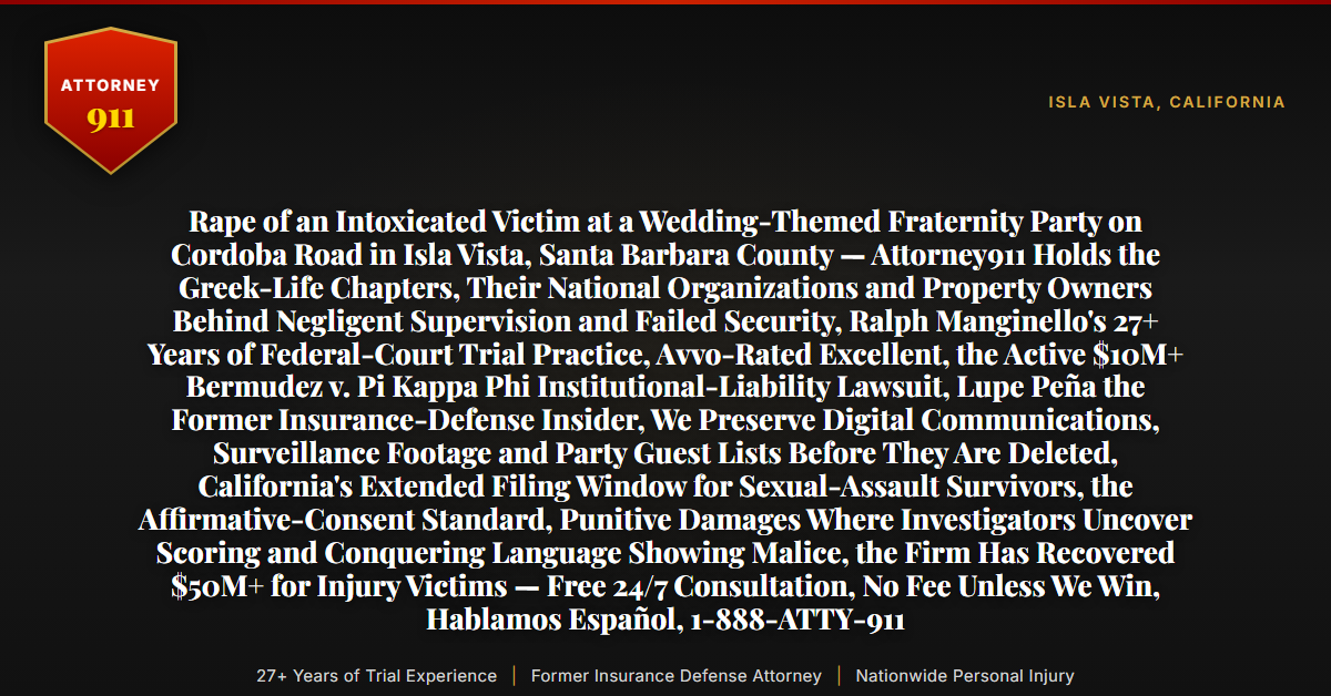 Rape of an Intoxicated Victim at a Wedding-Themed Fraternity Party on Cordoba Road in Isla Vista, Santa Barbara County — Attorney911 Holds the Greek-Life Chapters, Their National Organizations and Property Owners Behind Negligent Supervision and Failed Security, Ralph Manginello's 27+ Years of Federal-Court Trial Practice, Avvo-Rated Excellent, the Active $10M+ Bermudez v. Pi Kappa Phi Institutional-Liability Lawsuit, Lupe Peña the Former Insurance-Defense Insider, We Preserve Digital Communications, Surveillance Footage and Party Guest Lists Before They Are Deleted, California's Extended Filing Window for Sexual-Assault Survivors, the Affirmative-Consent Standard, Punitive Damages Where Investigators Uncover Scoring and Conquering Language Showing Malice, the Firm Has Recovered $50M+ for Injury Victims — Free 24/7 Consultation, No Fee Unless We Win, Hablamos Español, 1-888-ATTY-911 - Attorney911
