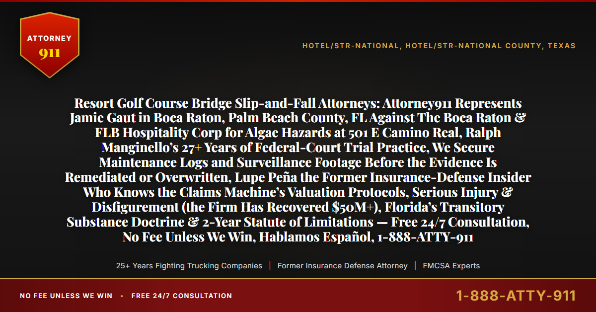 Resort Golf Course Bridge Slip-and-Fall Attorneys: Attorney911 Represents Jamie Gaut in Boca Raton, Palm Beach County, FL Against The Boca Raton & FLB Hospitality Corp for Algae Hazards at 501 E Camino Real, Ralph Manginello’s 27+ Years of Federal-Court Trial Practice, We Secure Maintenance Logs and Surveillance Footage Before the Evidence Is Remediated or Overwritten, Lupe Peña the Former Insurance-Defense Insider Who Knows the Claims Machine’s Valuation Protocols, Serious Injury & Disfigurement (the Firm Has Recovered $50M+), Florida’s Transitory Substance Doctrine & 2-Year Statute of Limitations — Free 24/7 Consultation, No Fee Unless We Win, Hablamos Español, 1-888-ATTY-911 - Attorney911
