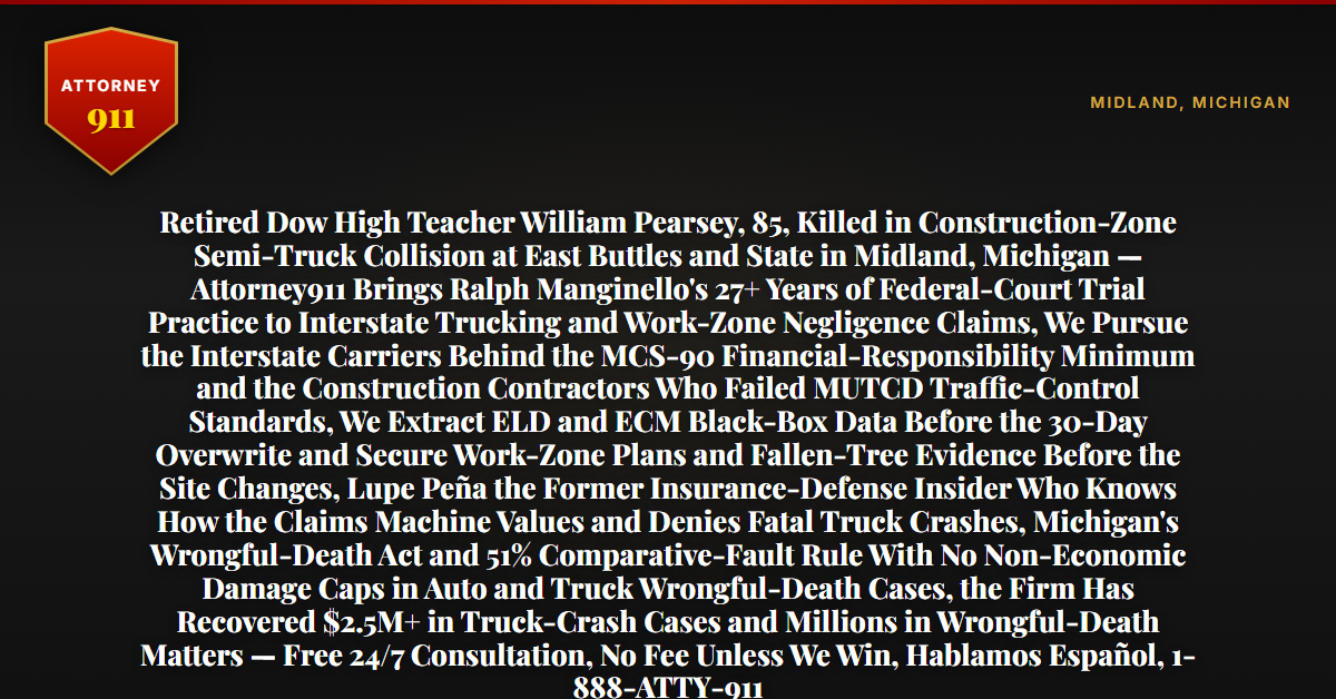 Retired Dow High Teacher William Pearsey, 85, Killed in Construction-Zone Semi-Truck Collision at East Buttles and State in Midland, Michigan — Attorney911 Brings Ralph Manginello's 27+ Years of Federal-Court Trial Practice to Interstate Trucking and Work-Zone Negligence Claims, We Pursue the Interstate Carriers Behind the MCS-90 Financial-Responsibility Minimum and the Construction Contractors Who Failed MUTCD Traffic-Control Standards, We Extract ELD and ECM Black-Box Data Before the 30-Day Overwrite and Secure Work-Zone Plans and Fallen-Tree Evidence Before the Site Changes, Lupe Peña the Former Insurance-Defense Insider Who Knows How the Claims Machine Values and Denies Fatal Truck Crashes, Michigan's Wrongful-Death Act and 51% Comparative-Fault Rule With No Non-Economic Damage Caps in Auto and Truck Wrongful-Death Cases, the Firm Has Recovered $2.5M+ in Truck-Crash Cases and Millions in Wrongful-Death Matters — Free 24/7 Consultation, No Fee Unless We Win, Hablamos Español, 1-888-ATTY-911 - Attorney911