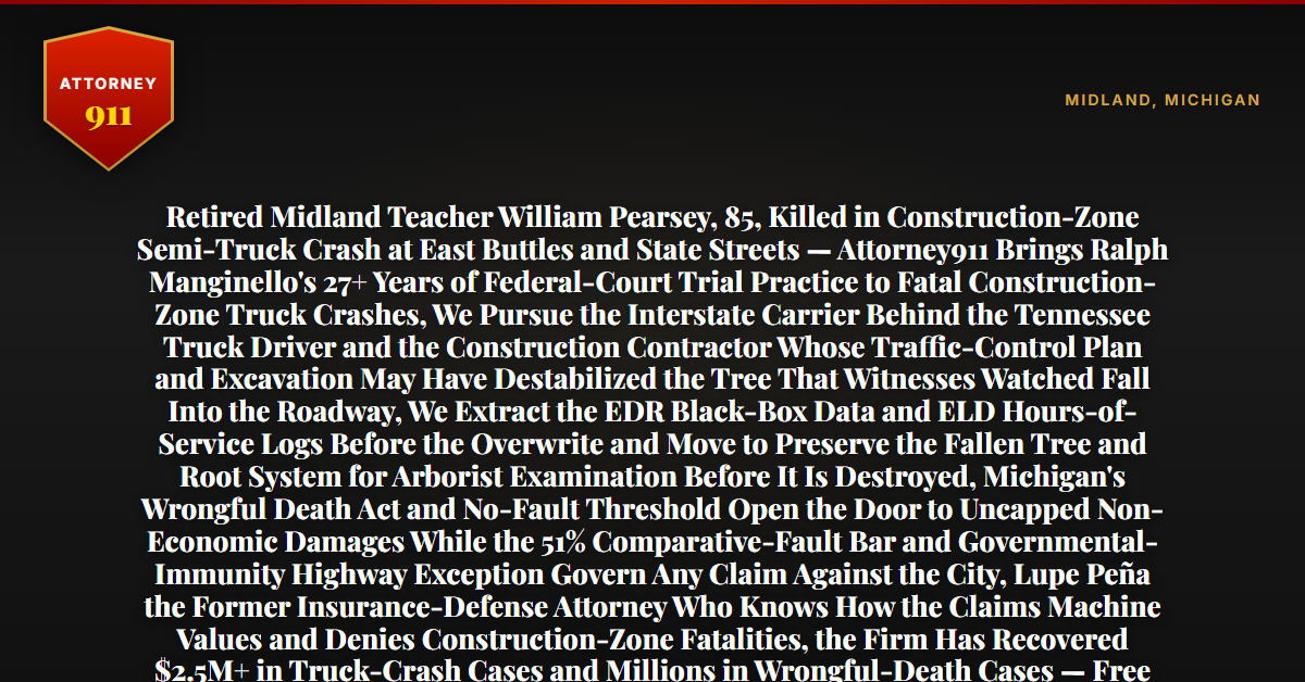 Retired Midland Teacher William Pearsey, 85, Killed in Construction-Zone Semi-Truck Crash at East Buttles and State Streets — Attorney911 Brings Ralph Manginello's 27+ Years of Federal-Court Trial Practice to Fatal Construction-Zone Truck Crashes, We Pursue the Interstate Carrier Behind the Tennessee Truck Driver and the Construction Contractor Whose Traffic-Control Plan and Excavation May Have Destabilized the Tree That Witnesses Watched Fall Into the Roadway, We Extract the EDR Black-Box Data and ELD Hours-of-Service Logs Before the Overwrite and Move to Preserve the Fallen Tree and Root System for Arborist Examination Before It Is Destroyed, Michigan's Wrongful Death Act and No-Fault Threshold Open the Door to Uncapped Non-Economic Damages While the 51% Comparative-Fault Bar and Governmental-Immunity Highway Exception Govern Any Claim Against the City, Lupe Peña the Former Insurance-Defense Attorney Who Knows How the Claims Machine Values and Denies Construction-Zone Fatalities, the Firm Has Recovered $2.5M+ in Truck-Crash Cases and Millions in Wrongful-Death Cases — Free 24/7 Consultation, No Fee Unless We Win, Hablamos Español, 1-888-ATTY-911 - Attorney911
