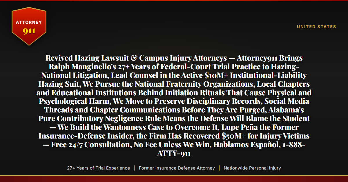 Revived Hazing Lawsuit & Campus Injury Attorneys — Attorney911 Brings Ralph Manginello's 27+ Years of Federal-Court Trial Practice to Hazing-National Litigation, Lead Counsel in the Active $10M+ Institutional-Liability Hazing Suit, We Pursue the National Fraternity Organizations, Local Chapters and Educational Institutions Behind Initiation Rituals That Cause Physical and Psychological Harm, We Move to Preserve Disciplinary Records, Social Media Threads and Chapter Communications Before They Are Purged, Alabama's Pure Contributory Negligence Rule Means the Defense Will Blame the Student — We Build the Wantonness Case to Overcome It, Lupe Peña the Former Insurance-Defense Insider, the Firm Has Recovered $50M+ for Injury Victims — Free 24/7 Consultation, No Fee Unless We Win, Hablamos Español, 1-888-ATTY-911 - Attorney911