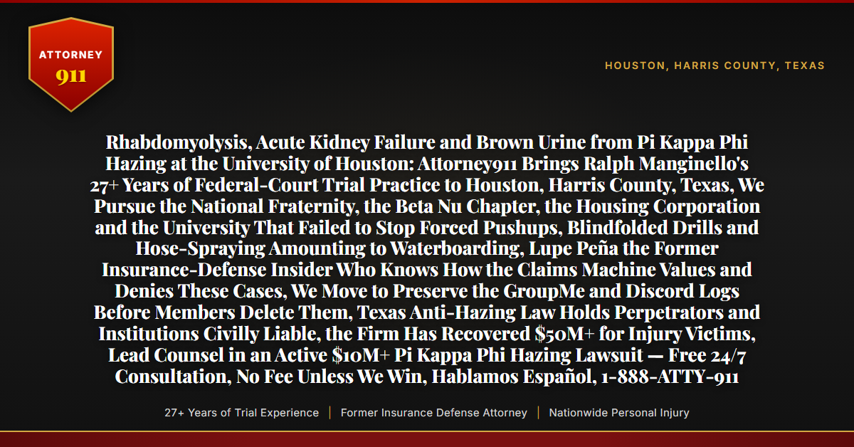 Rhabdomyolysis, Acute Kidney Failure and Brown Urine from Pi Kappa Phi Hazing at the University of Houston: Attorney911 Brings Ralph Manginello's 27+ Years of Federal-Court Trial Practice to Houston, Harris County, Texas, We Pursue the National Fraternity, the Beta Nu Chapter, the Housing Corporation and the University That Failed to Stop Forced Pushups, Blindfolded Drills and Hose-Spraying Amounting to Waterboarding, Lupe Peña the Former Insurance-Defense Insider Who Knows How the Claims Machine Values and Denies These Cases, We Move to Preserve the GroupMe and Discord Logs Before Members Delete Them, Texas Anti-Hazing Law Holds Perpetrators and Institutions Civilly Liable, the Firm Has Recovered $50M+ for Injury Victims, Lead Counsel in an Active $10M+ Pi Kappa Phi Hazing Lawsuit — Free 24/7 Consultation, No Fee Unless We Win, Hablamos Español, 1-888-ATTY-911 - Attorney911
