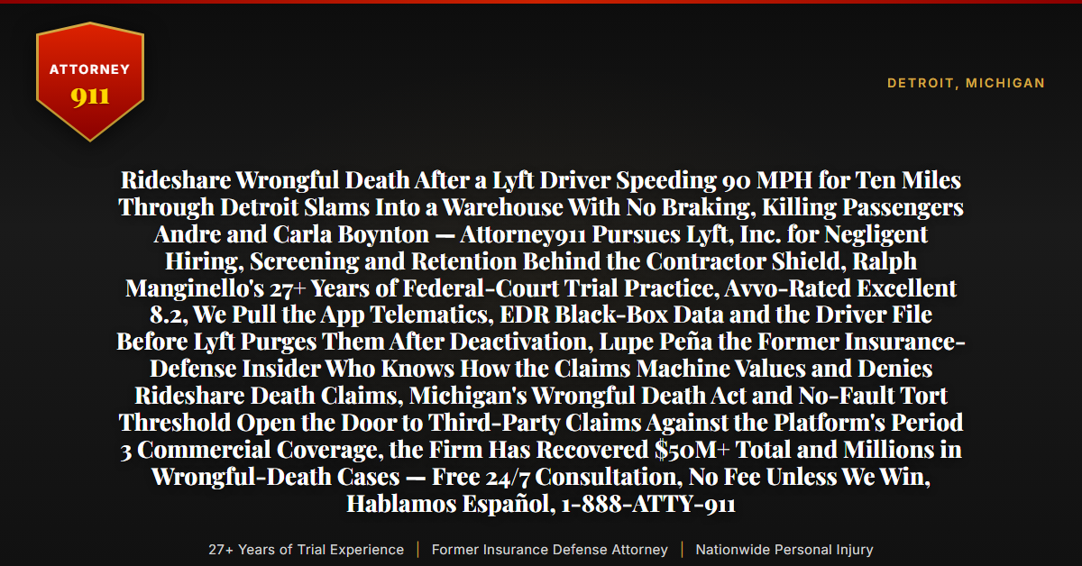 Rideshare Wrongful Death After a Lyft Driver Speeding 90 MPH for Ten Miles Through Detroit Slams Into a Warehouse With No Braking, Killing Passengers Andre and Carla Boynton — Attorney911 Pursues Lyft, Inc. for Negligent Hiring, Screening and Retention Behind the Contractor Shield, Ralph Manginello's 27+ Years of Federal-Court Trial Practice, Avvo-Rated Excellent 8.2, We Pull the App Telematics, EDR Black-Box Data and the Driver File Before Lyft Purges Them After Deactivation, Lupe Peña the Former Insurance-Defense Insider Who Knows How the Claims Machine Values and Denies Rideshare Death Claims, Michigan's Wrongful Death Act and No-Fault Tort Threshold Open the Door to Third-Party Claims Against the Platform's Period 3 Commercial Coverage, the Firm Has Recovered $50M+ Total and Millions in Wrongful-Death Cases — Free 24/7 Consultation, No Fee Unless We Win, Hablamos Español, 1-888-ATTY-911 - Attorney911