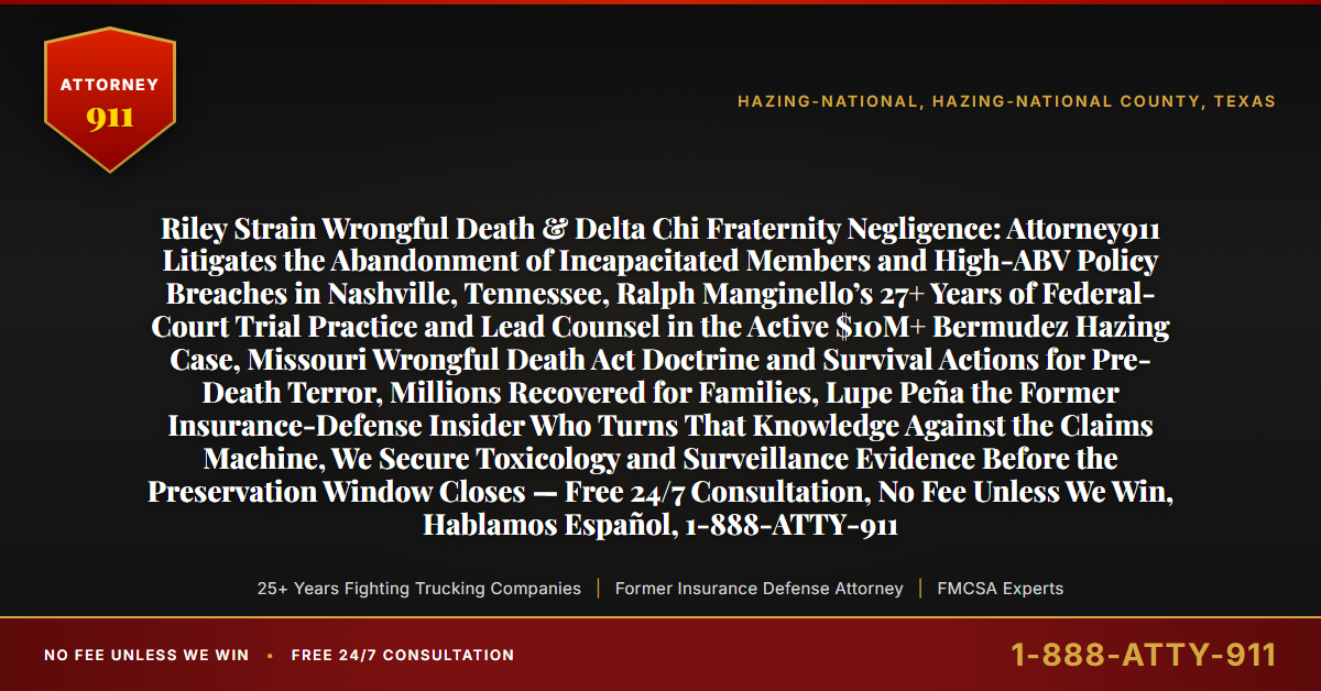 Riley Strain Wrongful Death & Delta Chi Fraternity Negligence: Attorney911 Litigates the Abandonment of Incapacitated Members and High-ABV Policy Breaches in Nashville, Tennessee, Ralph Manginello’s 27+ Years of Federal-Court Trial Practice and Lead Counsel in the Active $10M+ Bermudez Hazing Case, Missouri Wrongful Death Act Doctrine and Survival Actions for Pre-Death Terror, Millions Recovered for Families, Lupe Peña the Former Insurance-Defense Insider Who Turns That Knowledge Against the Claims Machine, We Secure Toxicology and Surveillance Evidence Before the Preservation Window Closes — Free 24/7 Consultation, No Fee Unless We Win, Hablamos Español, 1-888-ATTY-911 - Attorney911