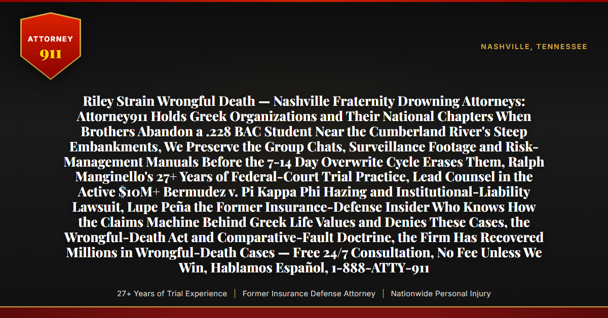 Riley Strain Wrongful Death — Nashville Fraternity Drowning Attorneys: Attorney911 Holds Greek Organizations and Their National Chapters When Brothers Abandon a .228 BAC Student Near the Cumberland River's Steep Embankments, We Preserve the Group Chats, Surveillance Footage and Risk-Management Manuals Before the 7-14 Day Overwrite Cycle Erases Them, Ralph Manginello's 27+ Years of Federal-Court Trial Practice, Lead Counsel in the Active $10M+ Bermudez v. Pi Kappa Phi Hazing and Institutional-Liability Lawsuit, Lupe Peña the Former Insurance-Defense Insider Who Knows How the Claims Machine Behind Greek Life Values and Denies These Cases, the Wrongful-Death Act and Comparative-Fault Doctrine, the Firm Has Recovered Millions in Wrongful-Death Cases — Free 24/7 Consultation, No Fee Unless We Win, Hablamos Español, 1-888-ATTY-911 - Attorney911