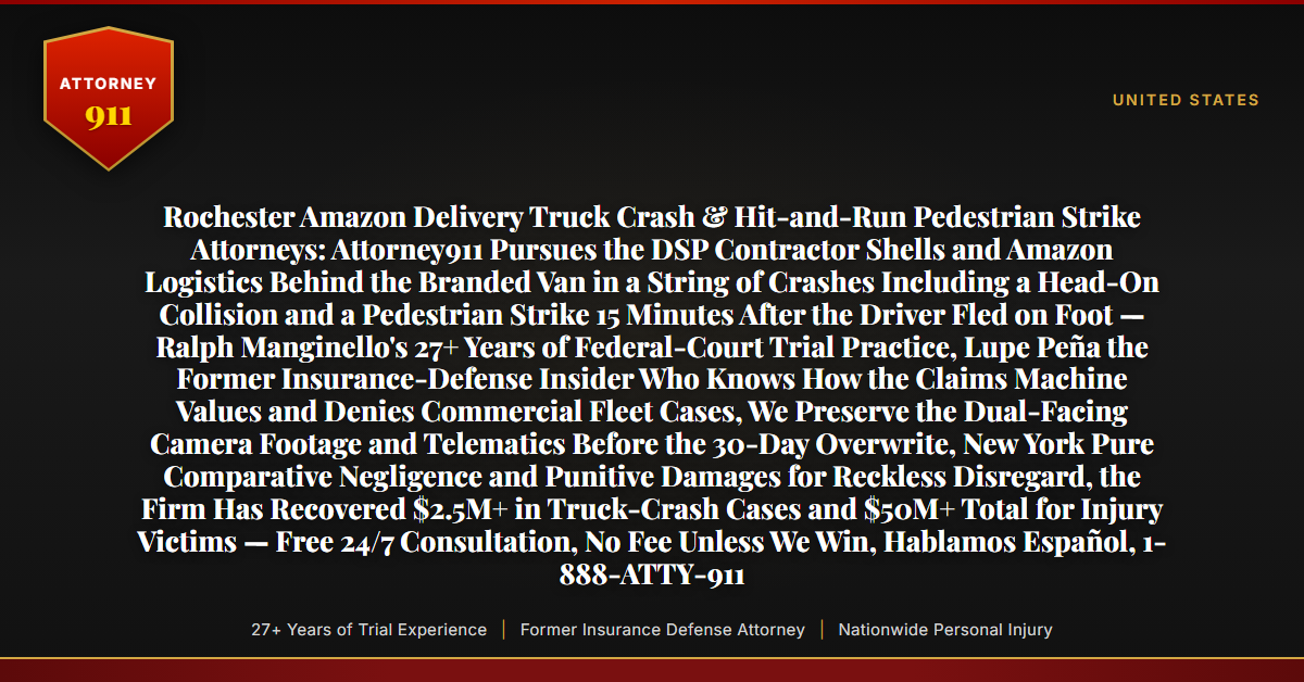 Rochester Amazon Delivery Truck Crash & Hit-and-Run Pedestrian Strike Attorneys: Attorney911 Pursues the DSP Contractor Shells and Amazon Logistics Behind the Branded Van in a String of Crashes Including a Head-On Collision and a Pedestrian Strike 15 Minutes After the Driver Fled on Foot — Ralph Manginello's 27+ Years of Federal-Court Trial Practice, Lupe Peña the Former Insurance-Defense Insider Who Knows How the Claims Machine Values and Denies Commercial Fleet Cases, We Preserve the Dual-Facing Camera Footage and Telematics Before the 30-Day Overwrite, New York Pure Comparative Negligence and Punitive Damages for Reckless Disregard, the Firm Has Recovered $2.5M+ in Truck-Crash Cases and $50M+ Total for Injury Victims — Free 24/7 Consultation, No Fee Unless We Win, Hablamos Español, 1-888-ATTY-911 - Attorney911