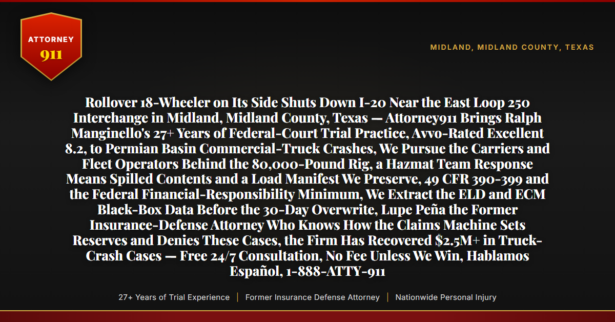 Rollover 18-Wheeler on Its Side Shuts Down I-20 Near the East Loop 250 Interchange in Midland, Midland County, Texas — Attorney911 Brings Ralph Manginello's 27+ Years of Federal-Court Trial Practice, Avvo-Rated Excellent 8.2, to Permian Basin Commercial-Truck Crashes, We Pursue the Carriers and Fleet Operators Behind the 80,000-Pound Rig, a Hazmat Team Response Means Spilled Contents and a Load Manifest We Preserve, 49 CFR 390-399 and the Federal Financial-Responsibility Minimum, We Extract the ELD and ECM Black-Box Data Before the 30-Day Overwrite, Lupe Peña the Former Insurance-Defense Attorney Who Knows How the Claims Machine Sets Reserves and Denies These Cases, the Firm Has Recovered $2.5M+ in Truck-Crash Cases — Free 24/7 Consultation, No Fee Unless We Win, Hablamos Español, 1-888-ATTY-911 - Attorney911