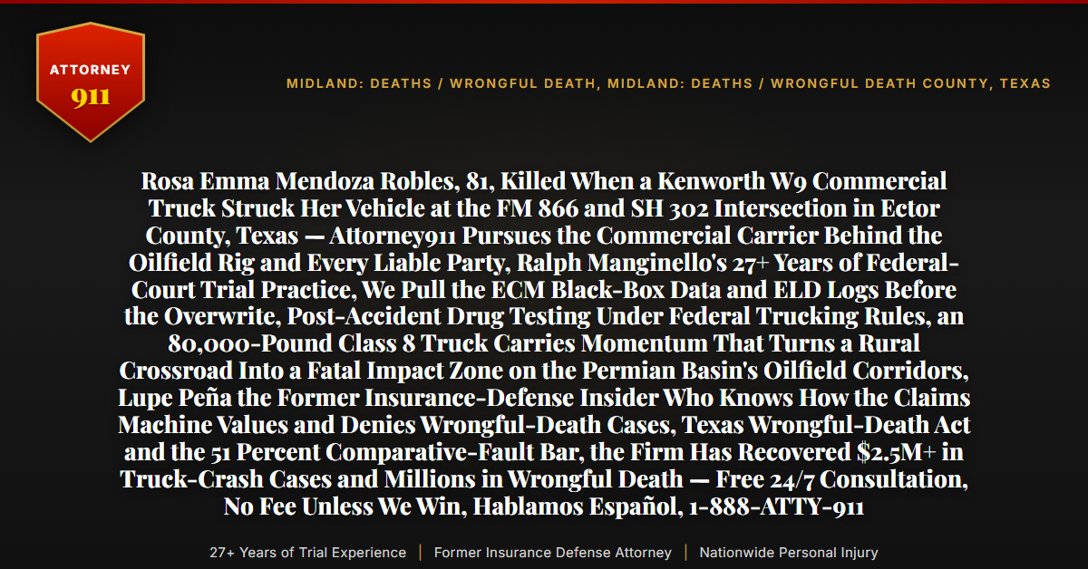 Rosa Emma Mendoza Robles, 81, Killed When a Kenworth W9 Commercial Truck Struck Her Vehicle at the FM 866 and SH 302 Intersection in Ector County, Texas — Attorney911 Pursues the Commercial Carrier Behind the Oilfield Rig and Every Liable Party, Ralph Manginello's 27+ Years of Federal-Court Trial Practice, We Pull the ECM Black-Box Data and ELD Logs Before the Overwrite, Post-Accident Drug Testing Under Federal Trucking Rules, an 80,000-Pound Class 8 Truck Carries Momentum That Turns a Rural Crossroad Into a Fatal Impact Zone on the Permian Basin's Oilfield Corridors, Lupe Peña the Former Insurance-Defense Insider Who Knows How the Claims Machine Values and Denies Wrongful-Death Cases, Texas Wrongful-Death Act and the 51 Percent Comparative-Fault Bar, the Firm Has Recovered $2.5M+ in Truck-Crash Cases and Millions in Wrongful Death — Free 24/7 Consultation, No Fee Unless We Win, Hablamos Español, 1-888-ATTY-911 - Attorney911
