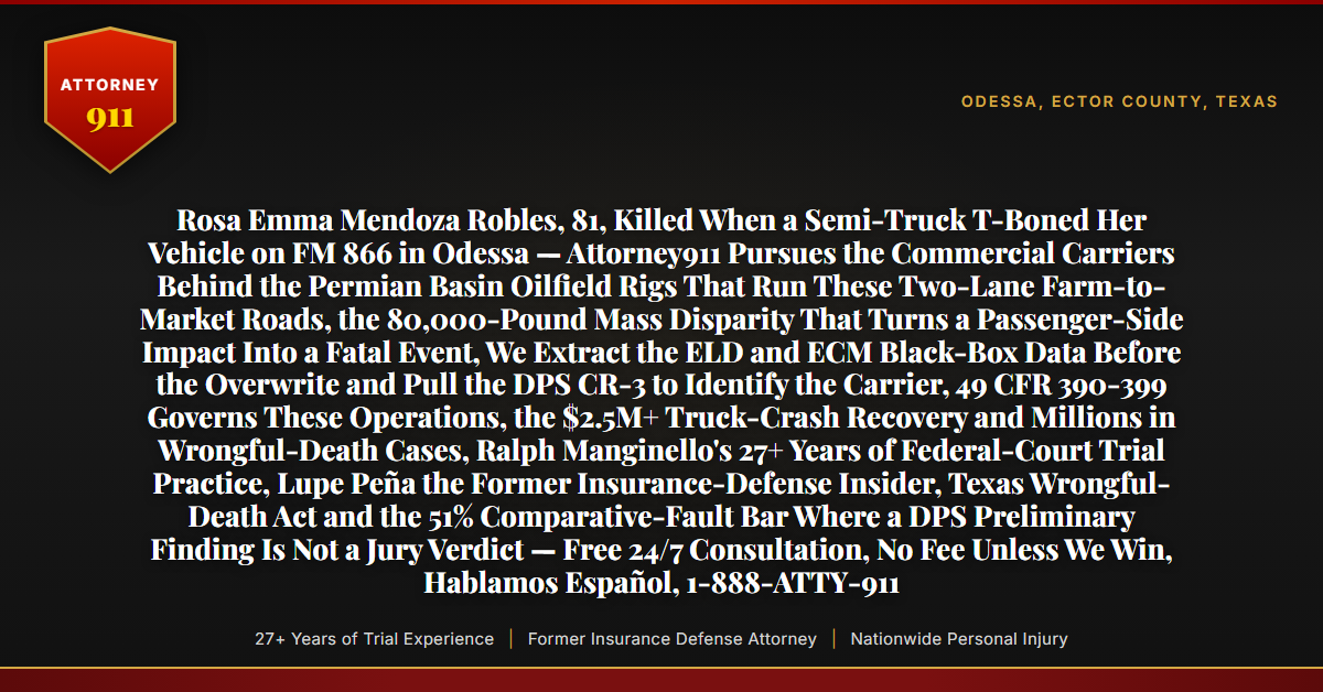 Rosa Emma Mendoza Robles, 81, Killed When a Semi-Truck T-Boned Her Vehicle on FM 866 in Odessa — Attorney911 Pursues the Commercial Carriers Behind the Permian Basin Oilfield Rigs That Run These Two-Lane Farm-to-Market Roads, the 80,000-Pound Mass Disparity That Turns a Passenger-Side Impact Into a Fatal Event, We Extract the ELD and ECM Black-Box Data Before the Overwrite and Pull the DPS CR-3 to Identify the Carrier, 49 CFR 390-399 Governs These Operations, the $2.5M+ Truck-Crash Recovery and Millions in Wrongful-Death Cases, Ralph Manginello's 27+ Years of Federal-Court Trial Practice, Lupe Peña the Former Insurance-Defense Insider, Texas Wrongful-Death Act and the 51% Comparative-Fault Bar Where a DPS Preliminary Finding Is Not a Jury Verdict — Free 24/7 Consultation, No Fee Unless We Win, Hablamos Español, 1-888-ATTY-911 - Attorney911