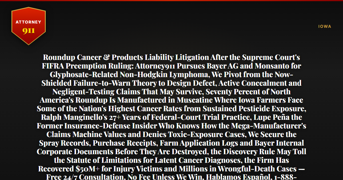 Roundup Cancer & Products Liability Litigation After the Supreme Court's FIFRA Preemption Ruling: Attorney911 Pursues Bayer AG and Monsanto for Glyphosate-Related Non-Hodgkin Lymphoma, We Pivot from the Now-Shielded Failure-to-Warn Theory to Design Defect, Active Concealment and Negligent-Testing Claims That May Survive, Seventy Percent of North America's Roundup Is Manufactured in Muscatine Where Iowa Farmers Face Some of the Nation's Highest Cancer Rates from Sustained Pesticide Exposure, Ralph Manginello's 27+ Years of Federal-Court Trial Practice, Lupe Peña the Former Insurance-Defense Insider Who Knows How the Mega-Manufacturer's Claims Machine Values and Denies Toxic-Exposure Cases, We Secure the Spray Records, Purchase Receipts, Farm Application Logs and Bayer Internal Corporate Documents Before They Are Destroyed, the Discovery Rule May Toll the Statute of Limitations for Latent Cancer Diagnoses, the Firm Has Recovered $50M+ for Injury Victims and Millions in Wrongful-Death Cases — Free 24/7 Consultation, No Fee Unless We Win, Hablamos Español, 1-888-ATTY-911 - Attorney911