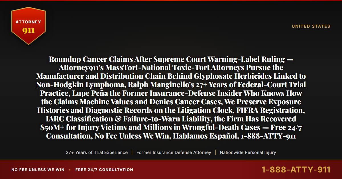 Roundup Cancer Claims After Supreme Court Warning-Label Ruling — Attorney911's MassTort-National Toxic-Tort Attorneys Pursue the Manufacturer and Distribution Chain Behind Glyphosate Herbicides Linked to Non-Hodgkin Lymphoma, Ralph Manginello's 27+ Years of Federal-Court Trial Practice, Lupe Peña the Former Insurance-Defense Insider Who Knows How the Claims Machine Values and Denies Cancer Cases, We Preserve Exposure Histories and Diagnostic Records on the Litigation Clock, FIFRA Registration, IARC Classification & Failure-to-Warn Liability, the Firm Has Recovered $50M+ for Injury Victims and Millions in Wrongful-Death Cases — Free 24/7 Consultation, No Fee Unless We Win, Hablamos Español, 1-888-ATTY-911 - Attorney911