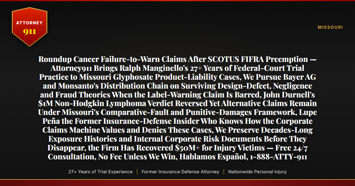 Roundup Cancer Failure-to-Warn Claims After SCOTUS FIFRA Preemption — Attorney911 Brings Ralph Manginello's 27+ Years of Federal-Court Trial Practice to Missouri Glyphosate Product-Liability Cases, We Pursue Bayer AG and Monsanto's Distribution Chain on Surviving Design-Defect, Negligence and Fraud Theories When the Label-Warning Claim Is Barred, John Durnell's $1M Non-Hodgkin Lymphoma Verdict Reversed Yet Alternative Claims Remain Under Missouri's Comparative-Fault and Punitive-Damages Framework, Lupe Peña the Former Insurance-Defense Insider Who Knows How the Corporate Claims Machine Values and Denies These Cases, We Preserve Decades-Long Exposure Histories and Internal Corporate Risk Documents Before They Disappear, the Firm Has Recovered $50M+ for Injury Victims — Free 24/7 Consultation, No Fee Unless We Win, Hablamos Español, 1-888-ATTY-911 - Attorney911