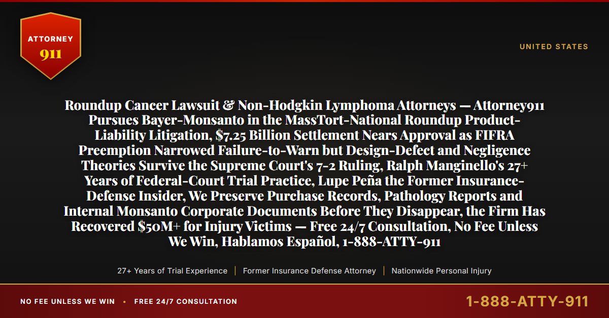 Roundup Cancer Lawsuit & Non-Hodgkin Lymphoma Attorneys — Attorney911 Pursues Bayer-Monsanto in the MassTort-National Roundup Product-Liability Litigation, $7.25 Billion Settlement Nears Approval as FIFRA Preemption Narrowed Failure-to-Warn but Design-Defect and Negligence Theories Survive the Supreme Court's 7-2 Ruling, Ralph Manginello's 27+ Years of Federal-Court Trial Practice, Lupe Peña the Former Insurance-Defense Insider, We Preserve Purchase Records, Pathology Reports and Internal Monsanto Corporate Documents Before They Disappear, the Firm Has Recovered $50M+ for Injury Victims — Free 24/7 Consultation, No Fee Unless We Win, Hablamos Español, 1-888-ATTY-911 - Attorney911