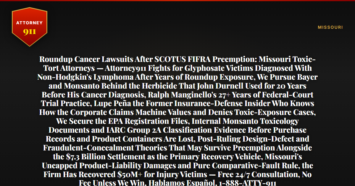 Roundup Cancer Lawsuits After SCOTUS FIFRA Preemption: Missouri Toxic-Tort Attorneys — Attorney911 Fights for Glyphosate Victims Diagnosed With Non-Hodgkin's Lymphoma After Years of Roundup Exposure, We Pursue Bayer and Monsanto Behind the Herbicide That John Durnell Used for 20 Years Before His Cancer Diagnosis, Ralph Manginello's 27+ Years of Federal-Court Trial Practice, Lupe Peña the Former Insurance-Defense Insider Who Knows How the Corporate Claims Machine Values and Denies Toxic-Exposure Cases, We Secure the EPA Registration Files, Internal Monsanto Toxicology Documents and IARC Group 2A Classification Evidence Before Purchase Records and Product Containers Are Lost, Post-Ruling Design-Defect and Fraudulent-Concealment Theories That May Survive Preemption Alongside the $7.3 Billion Settlement as the Primary Recovery Vehicle, Missouri's Uncapped Product-Liability Damages and Pure Comparative-Fault Rule, the Firm Has Recovered $50M+ for Injury Victims — Free 24/7 Consultation, No Fee Unless We Win, Hablamos Español, 1-888-ATTY-911 - Attorney911