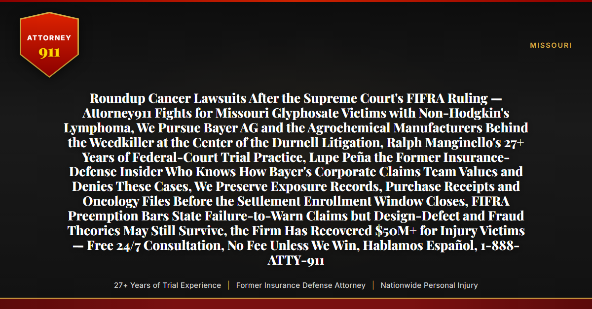 Roundup Cancer Lawsuits After the Supreme Court's FIFRA Ruling — Attorney911 Fights for Missouri Glyphosate Victims with Non-Hodgkin's Lymphoma, We Pursue Bayer AG and the Agrochemical Manufacturers Behind the Weedkiller at the Center of the Durnell Litigation, Ralph Manginello's 27+ Years of Federal-Court Trial Practice, Lupe Peña the Former Insurance-Defense Insider Who Knows How Bayer's Corporate Claims Team Values and Denies These Cases, We Preserve Exposure Records, Purchase Receipts and Oncology Files Before the Settlement Enrollment Window Closes, FIFRA Preemption Bars State Failure-to-Warn Claims but Design-Defect and Fraud Theories May Still Survive, the Firm Has Recovered $50M+ for Injury Victims — Free 24/7 Consultation, No Fee Unless We Win, Hablamos Español, 1-888-ATTY-911 - Attorney911
