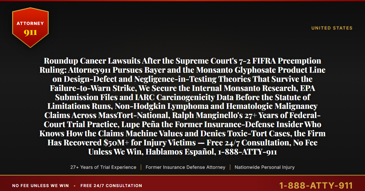Roundup Cancer Lawsuits After the Supreme Court's 7-2 FIFRA Preemption Ruling: Attorney911 Pursues Bayer and the Monsanto Glyphosate Product Line on Design-Defect and Negligence-in-Testing Theories That Survive the Failure-to-Warn Strike, We Secure the Internal Monsanto Research, EPA Submission Files and IARC Carcinogenicity Data Before the Statute of Limitations Runs, Non-Hodgkin Lymphoma and Hematologic Malignancy Claims Across MassTort-National, Ralph Manginello's 27+ Years of Federal-Court Trial Practice, Lupe Peña the Former Insurance-Defense Insider Who Knows How the Claims Machine Values and Denies Toxic-Tort Cases, the Firm Has Recovered $50M+ for Injury Victims — Free 24/7 Consultation, No Fee Unless We Win, Hablamos Español, 1-888-ATTY-911 - Attorney911