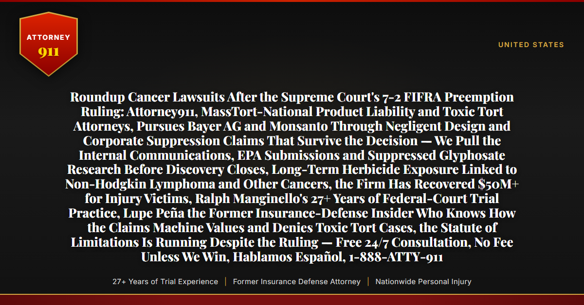 Roundup Cancer Lawsuits After the Supreme Court's 7-2 FIFRA Preemption Ruling: Attorney911, MassTort-National Product Liability and Toxic Tort Attorneys, Pursues Bayer AG and Monsanto Through Negligent Design and Corporate Suppression Claims That Survive the Decision — We Pull the Internal Communications, EPA Submissions and Suppressed Glyphosate Research Before Discovery Closes, Long-Term Herbicide Exposure Linked to Non-Hodgkin Lymphoma and Other Cancers, the Firm Has Recovered $50M+ for Injury Victims, Ralph Manginello's 27+ Years of Federal-Court Trial Practice, Lupe Peña the Former Insurance-Defense Insider Who Knows How the Claims Machine Values and Denies Toxic Tort Cases, the Statute of Limitations Is Running Despite the Ruling — Free 24/7 Consultation, No Fee Unless We Win, Hablamos Español, 1-888-ATTY-911 - Attorney911