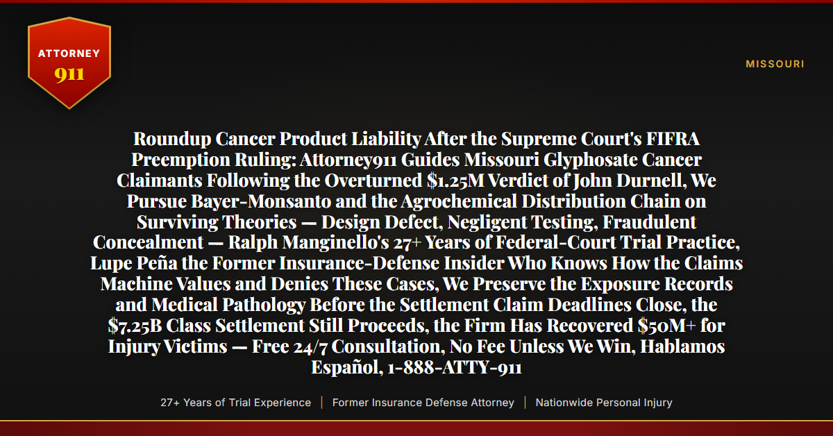 Roundup Cancer Product Liability After the Supreme Court's FIFRA Preemption Ruling: Attorney911 Guides Missouri Glyphosate Cancer Claimants Following the Overturned $1.25M Verdict of John Durnell, We Pursue Bayer-Monsanto and the Agrochemical Distribution Chain on Surviving Theories — Design Defect, Negligent Testing, Fraudulent Concealment — Ralph Manginello's 27+ Years of Federal-Court Trial Practice, Lupe Peña the Former Insurance-Defense Insider Who Knows How the Claims Machine Values and Denies These Cases, We Preserve the Exposure Records and Medical Pathology Before the Settlement Claim Deadlines Close, the $7.25B Class Settlement Still Proceeds, the Firm Has Recovered $50M+ for Injury Victims — Free 24/7 Consultation, No Fee Unless We Win, Hablamos Español, 1-888-ATTY-911 - Attorney911
