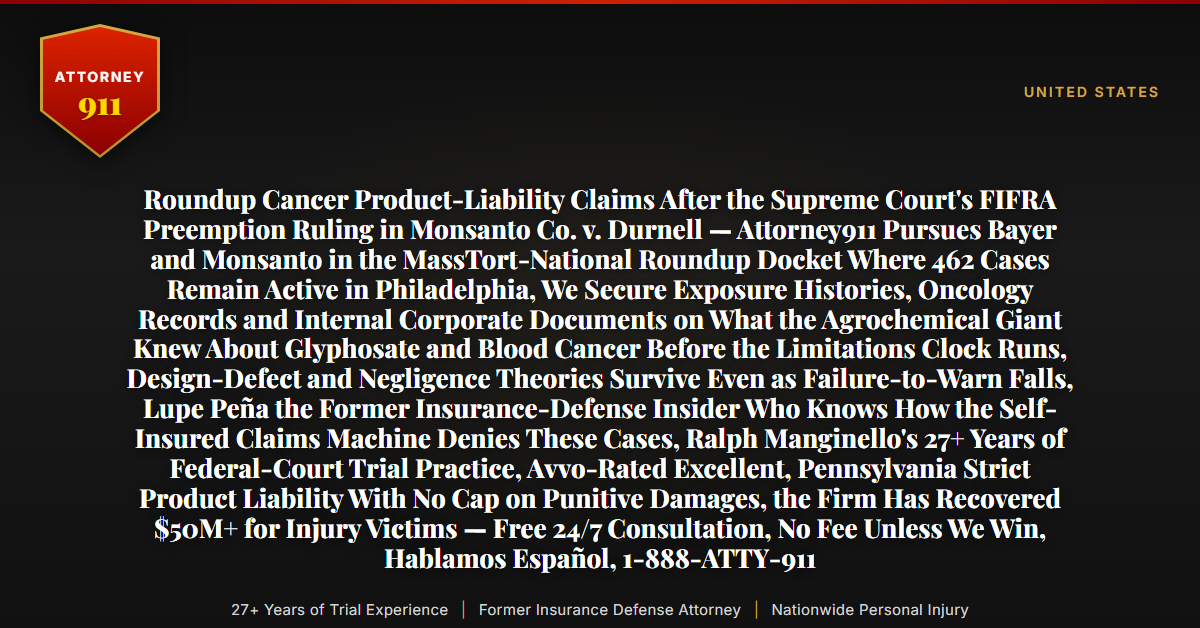 Roundup Cancer Product-Liability Claims After the Supreme Court's FIFRA Preemption Ruling in Monsanto Co. v. Durnell — Attorney911 Pursues Bayer and Monsanto in the MassTort-National Roundup Docket Where 462 Cases Remain Active in Philadelphia, We Secure Exposure Histories, Oncology Records and Internal Corporate Documents on What the Agrochemical Giant Knew About Glyphosate and Blood Cancer Before the Limitations Clock Runs, Design-Defect and Negligence Theories Survive Even as Failure-to-Warn Falls, Lupe Peña the Former Insurance-Defense Insider Who Knows How the Self-Insured Claims Machine Denies These Cases, Ralph Manginello's 27+ Years of Federal-Court Trial Practice, Avvo-Rated Excellent, Pennsylvania Strict Product Liability With No Cap on Punitive Damages, the Firm Has Recovered $50M+ for Injury Victims — Free 24/7 Consultation, No Fee Unless We Win, Hablamos Español, 1-888-ATTY-911 - Attorney911