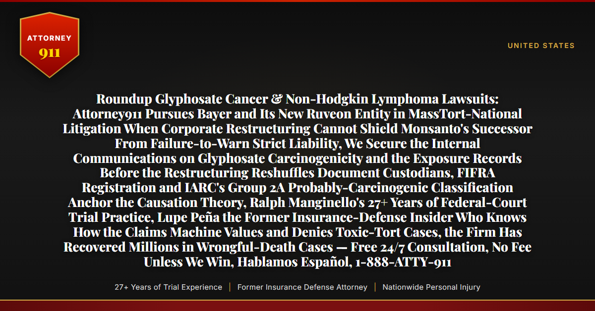Roundup Glyphosate Cancer & Non-Hodgkin Lymphoma Lawsuits: Attorney911 Pursues Bayer and Its New Ruveon Entity in MassTort-National Litigation When Corporate Restructuring Cannot Shield Monsanto's Successor From Failure-to-Warn Strict Liability, We Secure the Internal Communications on Glyphosate Carcinogenicity and the Exposure Records Before the Restructuring Reshuffles Document Custodians, FIFRA Registration and IARC's Group 2A Probably-Carcinogenic Classification Anchor the Causation Theory, Ralph Manginello's 27+ Years of Federal-Court Trial Practice, Lupe Peña the Former Insurance-Defense Insider Who Knows How the Claims Machine Values and Denies Toxic-Tort Cases, the Firm Has Recovered Millions in Wrongful-Death Cases — Free 24/7 Consultation, No Fee Unless We Win, Hablamos Español, 1-888-ATTY-911 - Attorney911