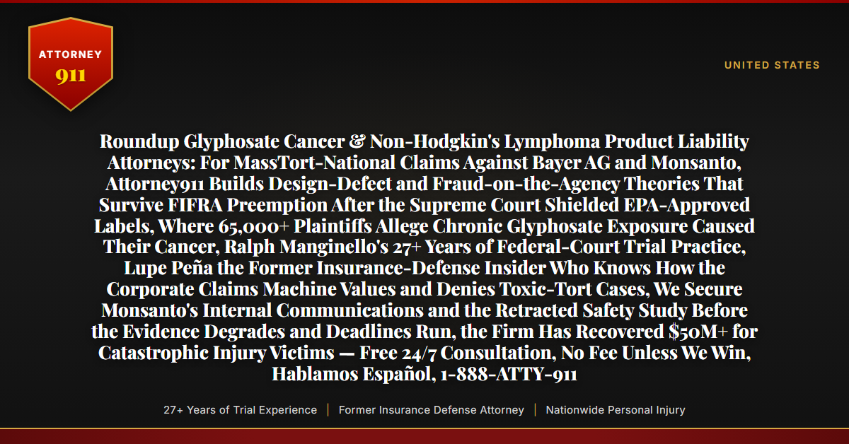 Roundup Glyphosate Cancer & Non-Hodgkin's Lymphoma Product Liability Attorneys: For MassTort-National Claims Against Bayer AG and Monsanto, Attorney911 Builds Design-Defect and Fraud-on-the-Agency Theories That Survive FIFRA Preemption After the Supreme Court Shielded EPA-Approved Labels, Where 65,000+ Plaintiffs Allege Chronic Glyphosate Exposure Caused Their Cancer, Ralph Manginello's 27+ Years of Federal-Court Trial Practice, Lupe Peña the Former Insurance-Defense Insider Who Knows How the Corporate Claims Machine Values and Denies Toxic-Tort Cases, We Secure Monsanto's Internal Communications and the Retracted Safety Study Before the Evidence Degrades and Deadlines Run, the Firm Has Recovered $50M+ for Catastrophic Injury Victims — Free 24/7 Consultation, No Fee Unless We Win, Hablamos Español, 1-888-ATTY-911 - Attorney911