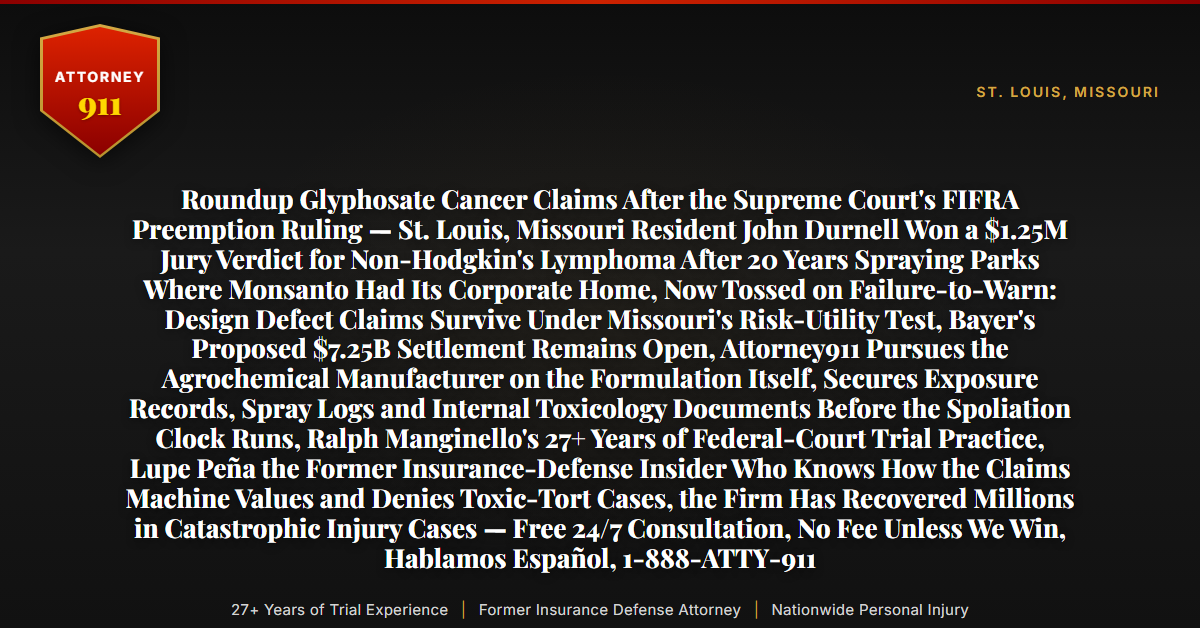 Roundup Glyphosate Cancer Claims After the Supreme Court's FIFRA Preemption Ruling — St. Louis, Missouri Resident John Durnell Won a $1.25M Jury Verdict for Non-Hodgkin's Lymphoma After 20 Years Spraying Parks Where Monsanto Had Its Corporate Home, Now Tossed on Failure-to-Warn: Design Defect Claims Survive Under Missouri's Risk-Utility Test, Bayer's Proposed $7.25B Settlement Remains Open, Attorney911 Pursues the Agrochemical Manufacturer on the Formulation Itself, Secures Exposure Records, Spray Logs and Internal Toxicology Documents Before the Spoliation Clock Runs, Ralph Manginello's 27+ Years of Federal-Court Trial Practice, Lupe Peña the Former Insurance-Defense Insider Who Knows How the Claims Machine Values and Denies Toxic-Tort Cases, the Firm Has Recovered Millions in Catastrophic Injury Cases — Free 24/7 Consultation, No Fee Unless We Win, Hablamos Español, 1-888-ATTY-911 - Attorney911