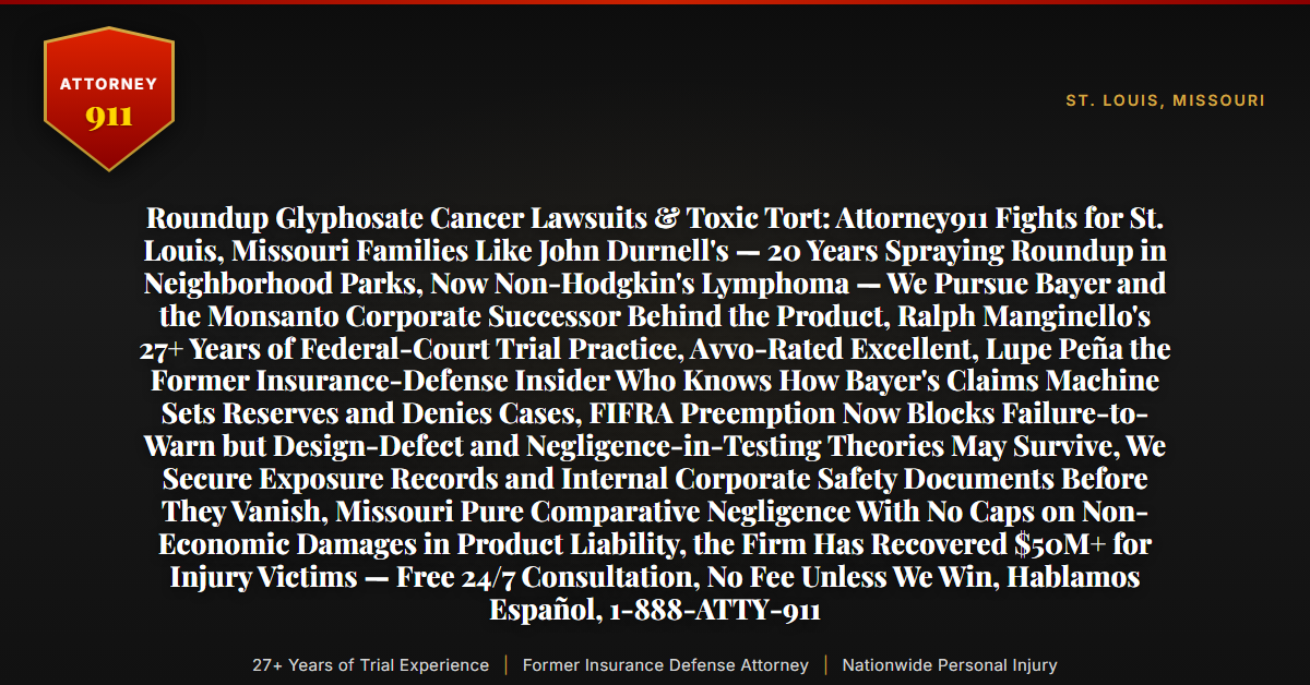 Roundup Glyphosate Cancer Lawsuits & Toxic Tort: Attorney911 Fights for St. Louis, Missouri Families Like John Durnell's — 20 Years Spraying Roundup in Neighborhood Parks, Now Non-Hodgkin's Lymphoma — We Pursue Bayer and the Monsanto Corporate Successor Behind the Product, Ralph Manginello's 27+ Years of Federal-Court Trial Practice, Avvo-Rated Excellent, Lupe Peña the Former Insurance-Defense Insider Who Knows How Bayer's Claims Machine Sets Reserves and Denies Cases, FIFRA Preemption Now Blocks Failure-to-Warn but Design-Defect and Negligence-in-Testing Theories May Survive, We Secure Exposure Records and Internal Corporate Safety Documents Before They Vanish, Missouri Pure Comparative Negligence With No Caps on Non-Economic Damages in Product Liability, the Firm Has Recovered $50M+ for Injury Victims — Free 24/7 Consultation, No Fee Unless We Win, Hablamos Español, 1-888-ATTY-911 - Attorney911