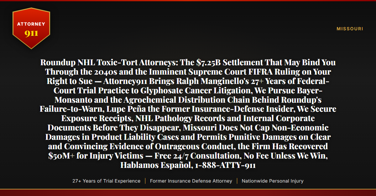 Roundup NHL Toxic-Tort Attorneys: The $7.25B Settlement That May Bind You Through the 2040s and the Imminent Supreme Court FIFRA Ruling on Your Right to Sue — Attorney911 Brings Ralph Manginello's 27+ Years of Federal-Court Trial Practice to Glyphosate Cancer Litigation, We Pursue Bayer-Monsanto and the Agrochemical Distribution Chain Behind Roundup's Failure-to-Warn, Lupe Peña the Former Insurance-Defense Insider, We Secure Exposure Receipts, NHL Pathology Records and Internal Corporate Documents Before They Disappear, Missouri Does Not Cap Non-Economic Damages in Product Liability Cases and Permits Punitive Damages on Clear and Convincing Evidence of Outrageous Conduct, the Firm Has Recovered $50M+ for Injury Victims — Free 24/7 Consultation, No Fee Unless We Win, Hablamos Español, 1-888-ATTY-911 - Attorney911