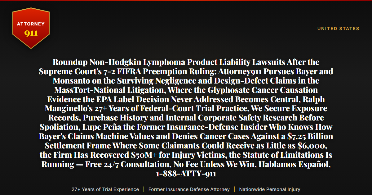 Roundup Non-Hodgkin Lymphoma Product Liability Lawsuits After the Supreme Court's 7-2 FIFRA Preemption Ruling: Attorney911 Pursues Bayer and Monsanto on the Surviving Negligence and Design-Defect Claims in the MassTort-National Litigation, Where the Glyphosate Cancer Causation Evidence the EPA Label Decision Never Addressed Becomes Central, Ralph Manginello's 27+ Years of Federal-Court Trial Practice, We Secure Exposure Records, Purchase History and Internal Corporate Safety Research Before Spoliation, Lupe Peña the Former Insurance-Defense Insider Who Knows How Bayer's Claims Machine Values and Denies Cancer Cases Against a $7.25 Billion Settlement Frame Where Some Claimants Could Receive as Little as $6,000, the Firm Has Recovered $50M+ for Injury Victims, the Statute of Limitations Is Running — Free 24/7 Consultation, No Fee Unless We Win, Hablamos Español, 1-888-ATTY-911 - Attorney911
