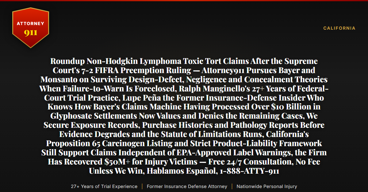 Roundup Non-Hodgkin Lymphoma Toxic Tort Claims After the Supreme Court's 7-2 FIFRA Preemption Ruling — Attorney911 Pursues Bayer and Monsanto on Surviving Design-Defect, Negligence and Concealment Theories When Failure-to-Warn Is Foreclosed, Ralph Manginello's 27+ Years of Federal-Court Trial Practice, Lupe Peña the Former Insurance-Defense Insider Who Knows How Bayer's Claims Machine Having Processed Over $10 Billion in Glyphosate Settlements Now Values and Denies the Remaining Cases, We Secure Exposure Records, Purchase Histories and Pathology Reports Before Evidence Degrades and the Statute of Limitations Runs, California's Proposition 65 Carcinogen Listing and Strict Product-Liability Framework Still Support Claims Independent of EPA-Approved Label Warnings, the Firm Has Recovered $50M+ for Injury Victims — Free 24/7 Consultation, No Fee Unless We Win, Hablamos Español, 1-888-ATTY-911 - Attorney911