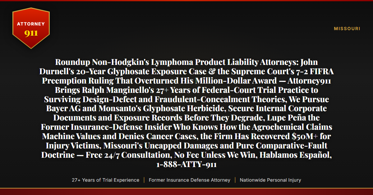 Roundup Non-Hodgkin's Lymphoma Product Liability Attorneys: John Durnell's 20-Year Glyphosate Exposure Case & the Supreme Court's 7-2 FIFRA Preemption Ruling That Overturned His Million-Dollar Award — Attorney911 Brings Ralph Manginello's 27+ Years of Federal-Court Trial Practice to Surviving Design-Defect and Fraudulent-Concealment Theories, We Pursue Bayer AG and Monsanto's Glyphosate Herbicide, Secure Internal Corporate Documents and Exposure Records Before They Degrade, Lupe Peña the Former Insurance-Defense Insider Who Knows How the Agrochemical Claims Machine Values and Denies Cancer Cases, the Firm Has Recovered $50M+ for Injury Victims, Missouri's Uncapped Damages and Pure Comparative-Fault Doctrine — Free 24/7 Consultation, No Fee Unless We Win, Hablamos Español, 1-888-ATTY-911 - Attorney911