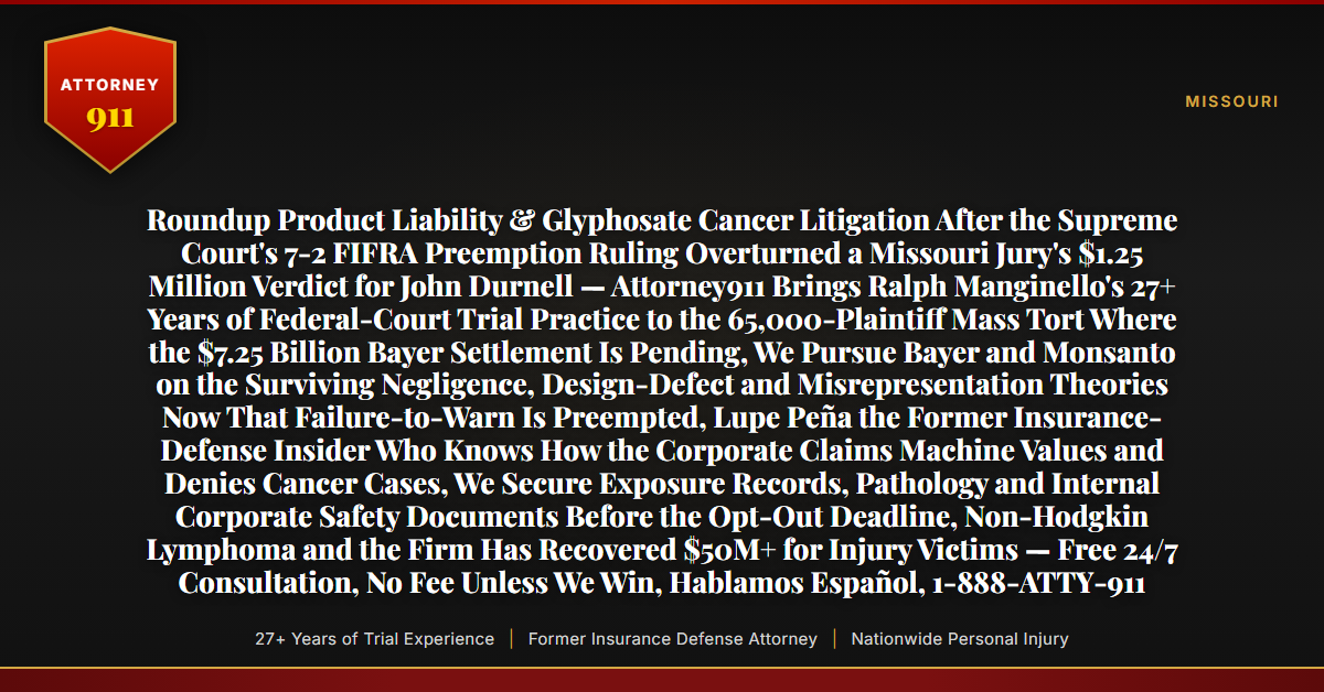 Roundup Product Liability & Glyphosate Cancer Litigation After the Supreme Court's 7-2 FIFRA Preemption Ruling Overturned a Missouri Jury's $1.25 Million Verdict for John Durnell — Attorney911 Brings Ralph Manginello's 27+ Years of Federal-Court Trial Practice to the 65,000-Plaintiff Mass Tort Where the $7.25 Billion Bayer Settlement Is Pending, We Pursue Bayer and Monsanto on the Surviving Negligence, Design-Defect and Misrepresentation Theories Now That Failure-to-Warn Is Preempted, Lupe Peña the Former Insurance-Defense Insider Who Knows How the Corporate Claims Machine Values and Denies Cancer Cases, We Secure Exposure Records, Pathology and Internal Corporate Safety Documents Before the Opt-Out Deadline, Non-Hodgkin Lymphoma and the Firm Has Recovered $50M+ for Injury Victims — Free 24/7 Consultation, No Fee Unless We Win, Hablamos Español, 1-888-ATTY-911 - Attorney911
