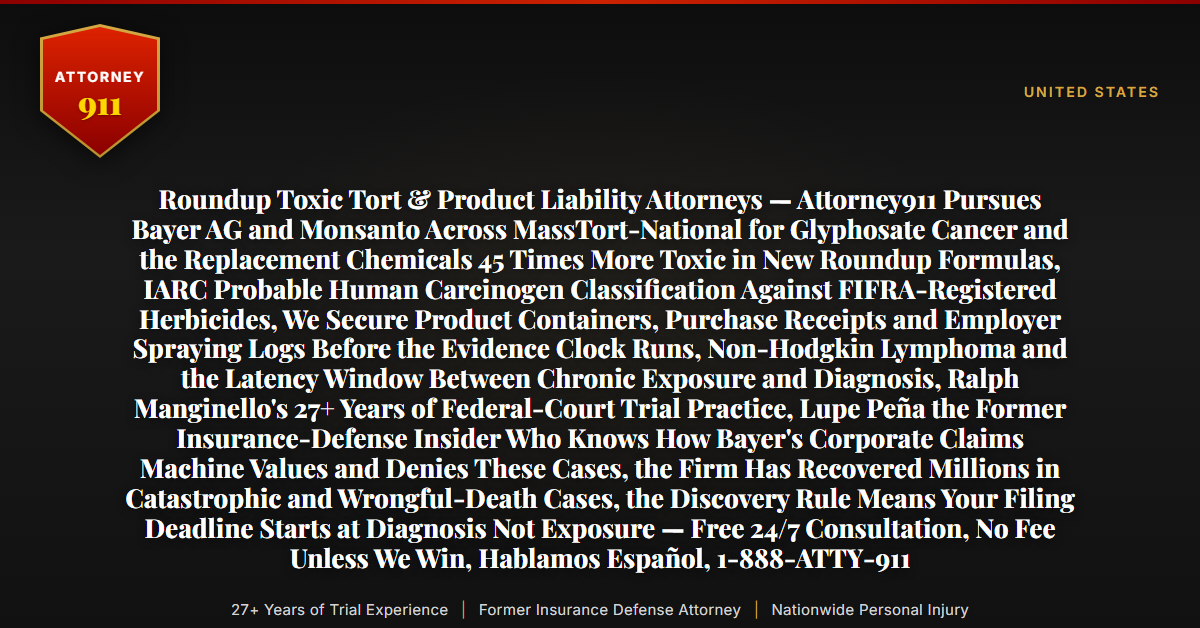 Roundup Toxic Tort & Product Liability Attorneys — Attorney911 Pursues Bayer AG and Monsanto Across MassTort-National for Glyphosate Cancer and the Replacement Chemicals 45 Times More Toxic in New Roundup Formulas, IARC Probable Human Carcinogen Classification Against FIFRA-Registered Herbicides, We Secure Product Containers, Purchase Receipts and Employer Spraying Logs Before the Evidence Clock Runs, Non-Hodgkin Lymphoma and the Latency Window Between Chronic Exposure and Diagnosis, Ralph Manginello's 27+ Years of Federal-Court Trial Practice, Lupe Peña the Former Insurance-Defense Insider Who Knows How Bayer's Corporate Claims Machine Values and Denies These Cases, the Firm Has Recovered Millions in Catastrophic and Wrongful-Death Cases, the Discovery Rule Means Your Filing Deadline Starts at Diagnosis Not Exposure — Free 24/7 Consultation, No Fee Unless We Win, Hablamos Español, 1-888-ATTY-911 - Attorney911