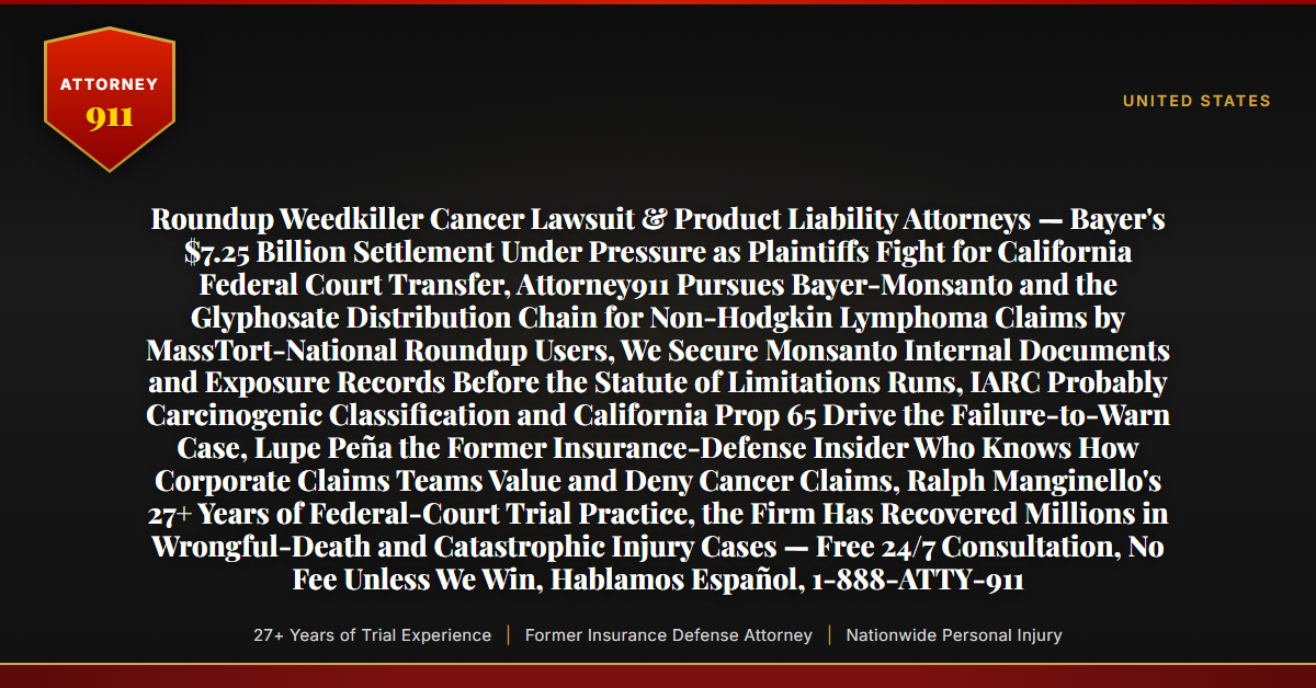 Roundup Weedkiller Cancer Lawsuit & Product Liability Attorneys — Bayer's $7.25 Billion Settlement Under Pressure as Plaintiffs Fight for California Federal Court Transfer, Attorney911 Pursues Bayer-Monsanto and the Glyphosate Distribution Chain for Non-Hodgkin Lymphoma Claims by MassTort-National Roundup Users, We Secure Monsanto Internal Documents and Exposure Records Before the Statute of Limitations Runs, IARC Probably Carcinogenic Classification and California Prop 65 Drive the Failure-to-Warn Case, Lupe Peña the Former Insurance-Defense Insider Who Knows How Corporate Claims Teams Value and Deny Cancer Claims, Ralph Manginello's 27+ Years of Federal-Court Trial Practice, the Firm Has Recovered Millions in Wrongful-Death and Catastrophic Injury Cases — Free 24/7 Consultation, No Fee Unless We Win, Hablamos Español, 1-888-ATTY-911 - Attorney911