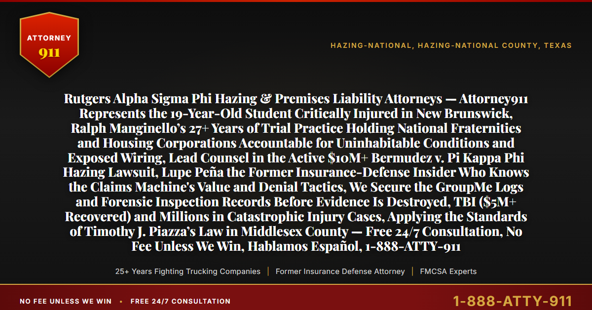 Rutgers Alpha Sigma Phi Hazing & Premises Liability Attorneys — Attorney911 Represents the 19-Year-Old Student Critically Injured in New Brunswick, Ralph Manginello’s 27+ Years of Trial Practice Holding National Fraternities and Housing Corporations Accountable for Uninhabitable Conditions and Exposed Wiring, Lead Counsel in the Active $10M+ Bermudez v. Pi Kappa Phi Hazing Lawsuit, Lupe Peña the Former Insurance-Defense Insider Who Knows the Claims Machine's Value and Denial Tactics, We Secure the GroupMe Logs and Forensic Inspection Records Before Evidence Is Destroyed, TBI ($5M+ Recovered) and Millions in Catastrophic Injury Cases, Applying the Standards of Timothy J. Piazza’s Law in Middlesex County — Free 24/7 Consultation, No Fee Unless We Win, Hablamos Español, 1-888-ATTY-911 - Attorney911