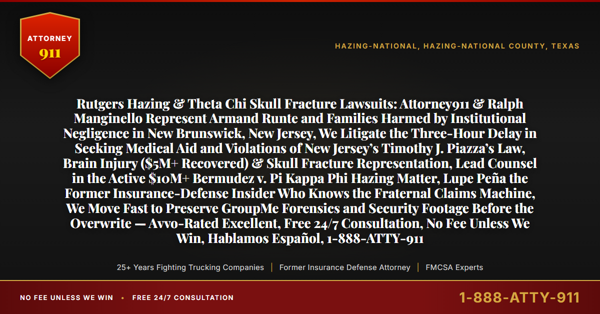 Rutgers Hazing & Theta Chi Skull Fracture Lawsuits: Attorney911 & Ralph Manginello Represent Armand Runte and Families Harmed by Institutional Negligence in New Brunswick, New Jersey, We Litigate the Three-Hour Delay in Seeking Medical Aid and Violations of New Jersey’s Timothy J. Piazza’s Law, Brain Injury ($5M+ Recovered) & Skull Fracture Representation, Lead Counsel in the Active $10M+ Bermudez v. Pi Kappa Phi Hazing Matter, Lupe Peña the Former Insurance-Defense Insider Who Knows the Fraternal Claims Machine, We Move Fast to Preserve GroupMe Forensics and Security Footage Before the Overwrite — Avvo-Rated Excellent, Free 24/7 Consultation, No Fee Unless We Win, Hablamos Español, 1-888-ATTY-911 - Attorney911