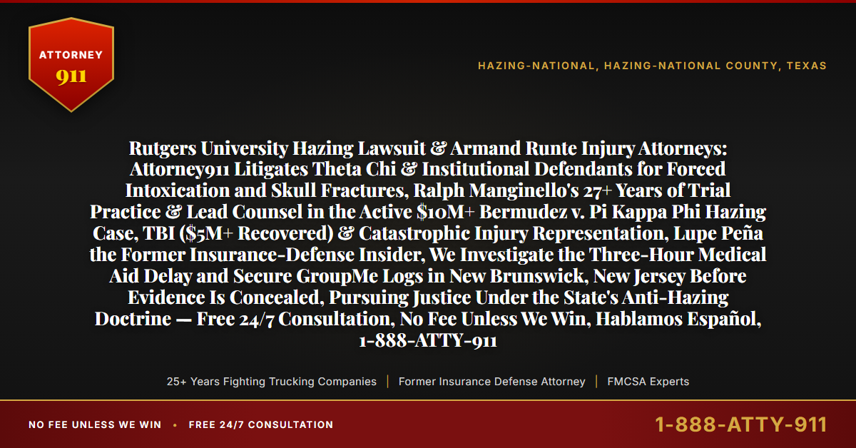 Rutgers University Hazing Lawsuit & Armand Runte Injury Attorneys: Attorney911 Litigates Theta Chi & Institutional Defendants for Forced Intoxication and Skull Fractures, Ralph Manginello's 27+ Years of Trial Practice & Lead Counsel in the Active $10M+ Bermudez v. Pi Kappa Phi Hazing Case, TBI ($5M+ Recovered) & Catastrophic Injury Representation, Lupe Peña the Former Insurance-Defense Insider, We Investigate the Three-Hour Medical Aid Delay and Secure GroupMe Logs in New Brunswick, New Jersey Before Evidence Is Concealed, Pursuing Justice Under the State's Anti-Hazing Doctrine — Free 24/7 Consultation, No Fee Unless We Win, Hablamos Español, 1-888-ATTY-911 - Attorney911