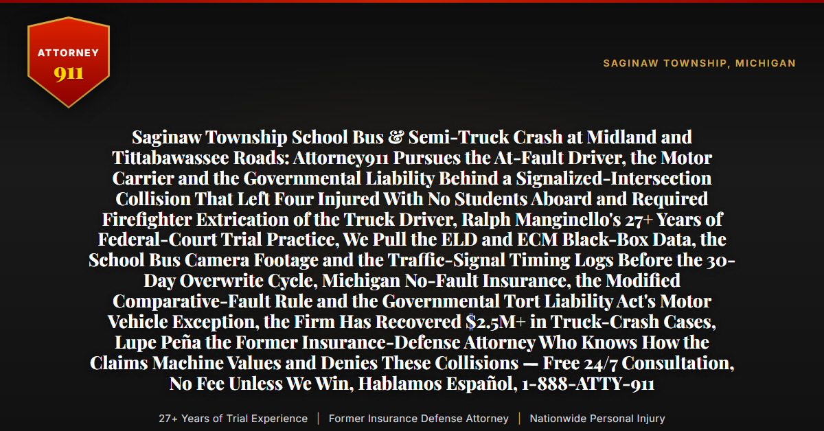 Saginaw Township School Bus & Semi-Truck Crash at Midland and Tittabawassee Roads: Attorney911 Pursues the At-Fault Driver, the Motor Carrier and the Governmental Liability Behind a Signalized-Intersection Collision That Left Four Injured With No Students Aboard and Required Firefighter Extrication of the Truck Driver, Ralph Manginello's 27+ Years of Federal-Court Trial Practice, We Pull the ELD and ECM Black-Box Data, the School Bus Camera Footage and the Traffic-Signal Timing Logs Before the 30-Day Overwrite Cycle, Michigan No-Fault Insurance, the Modified Comparative-Fault Rule and the Governmental Tort Liability Act's Motor Vehicle Exception, the Firm Has Recovered $2.5M+ in Truck-Crash Cases, Lupe Peña the Former Insurance-Defense Attorney Who Knows How the Claims Machine Values and Denies These Collisions — Free 24/7 Consultation, No Fee Unless We Win, Hablamos Español, 1-888-ATTY-911 - Attorney911
