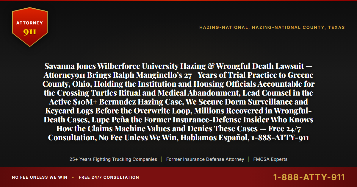 Savanna Jones Wilberforce University Hazing & Wrongful Death Lawsuit — Attorney911 Brings Ralph Manginello’s 27+ Years of Trial Practice to Greene County, Ohio, Holding the Institution and Housing Officials Accountable for the Crossing Turtles Ritual and Medical Abandonment, Lead Counsel in the Active $10M+ Bermudez Hazing Case, We Secure Dorm Surveillance and Keycard Logs Before the Overwrite Loop, Millions Recovered in Wrongful-Death Cases, Lupe Peña the Former Insurance-Defense Insider Who Knows How the Claims Machine Values and Denies These Cases — Free 24/7 Consultation, No Fee Unless We Win, Hablamos Español, 1-888-ATTY-911 - Attorney911