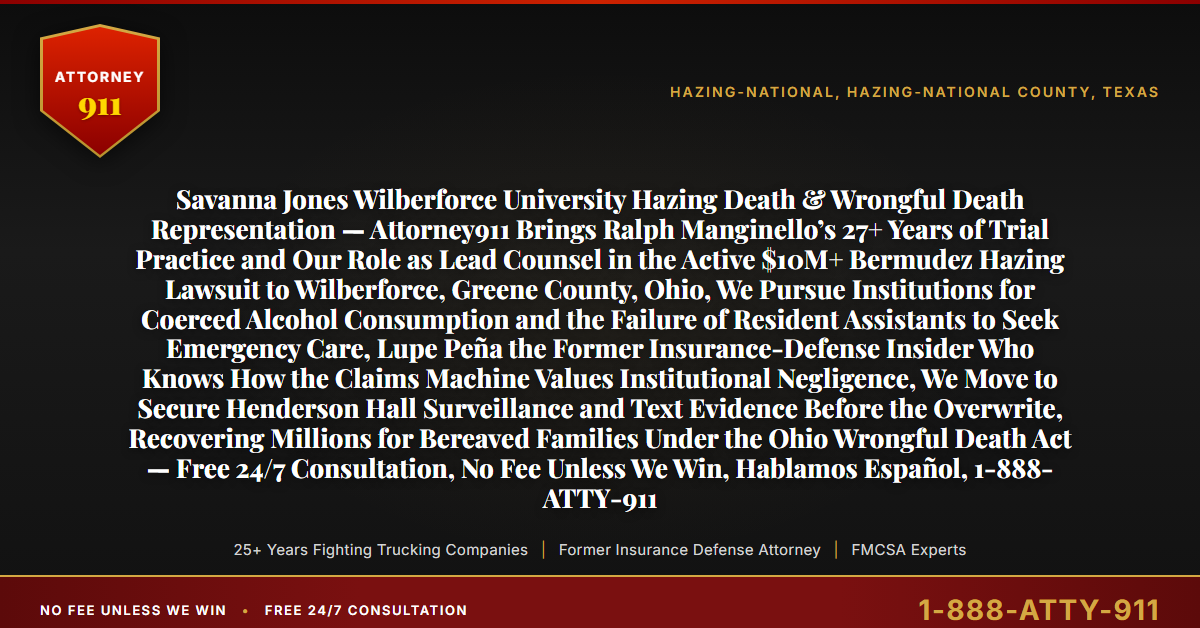 Savanna Jones Wilberforce University Hazing Death & Wrongful Death Representation — Attorney911 Brings Ralph Manginello’s 27+ Years of Trial Practice and Our Role as Lead Counsel in the Active $10M+ Bermudez Hazing Lawsuit to Wilberforce, Greene County, Ohio, We Pursue Institutions for Coerced Alcohol Consumption and the Failure of Resident Assistants to Seek Emergency Care, Lupe Peña the Former Insurance-Defense Insider Who Knows How the Claims Machine Values Institutional Negligence, We Move to Secure Henderson Hall Surveillance and Text Evidence Before the Overwrite, Recovering Millions for Bereaved Families Under the Ohio Wrongful Death Act — Free 24/7 Consultation, No Fee Unless We Win, Hablamos Español, 1-888-ATTY-911 - Attorney911