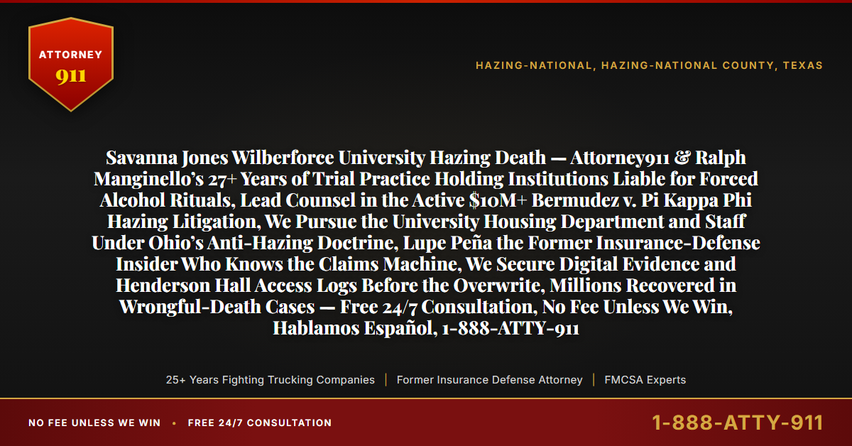 Savanna Jones Wilberforce University Hazing Death — Attorney911 & Ralph Manginello’s 27+ Years of Trial Practice Holding Institutions Liable for Forced Alcohol Rituals, Lead Counsel in the Active $10M+ Bermudez v. Pi Kappa Phi Hazing Litigation, We Pursue the University Housing Department and Staff Under Ohio’s Anti-Hazing Doctrine, Lupe Peña the Former Insurance-Defense Insider Who Knows the Claims Machine, We Secure Digital Evidence and Henderson Hall Access Logs Before the Overwrite, Millions Recovered in Wrongful-Death Cases — Free 24/7 Consultation, No Fee Unless We Win, Hablamos Español, 1-888-ATTY-911 - Attorney911