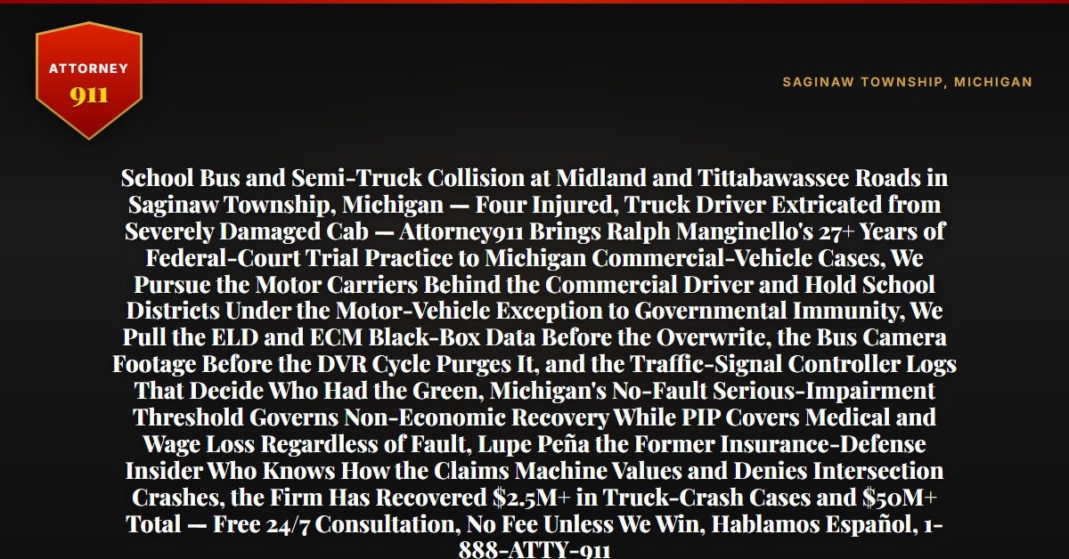 School Bus and Semi-Truck Collision at Midland and Tittabawassee Roads in Saginaw Township, Michigan — Four Injured, Truck Driver Extricated from Severely Damaged Cab — Attorney911 Brings Ralph Manginello's 27+ Years of Federal-Court Trial Practice to Michigan Commercial-Vehicle Cases, We Pursue the Motor Carriers Behind the Commercial Driver and Hold School Districts Under the Motor-Vehicle Exception to Governmental Immunity, We Pull the ELD and ECM Black-Box Data Before the Overwrite, the Bus Camera Footage Before the DVR Cycle Purges It, and the Traffic-Signal Controller Logs That Decide Who Had the Green, Michigan's No-Fault Serious-Impairment Threshold Governs Non-Economic Recovery While PIP Covers Medical and Wage Loss Regardless of Fault, Lupe Peña the Former Insurance-Defense Insider Who Knows How the Claims Machine Values and Denies Intersection Crashes, the Firm Has Recovered $2.5M+ in Truck-Crash Cases and $50M+ Total — Free 24/7 Consultation, No Fee Unless We Win, Hablamos Español, 1-888-ATTY-911 - Attorney911