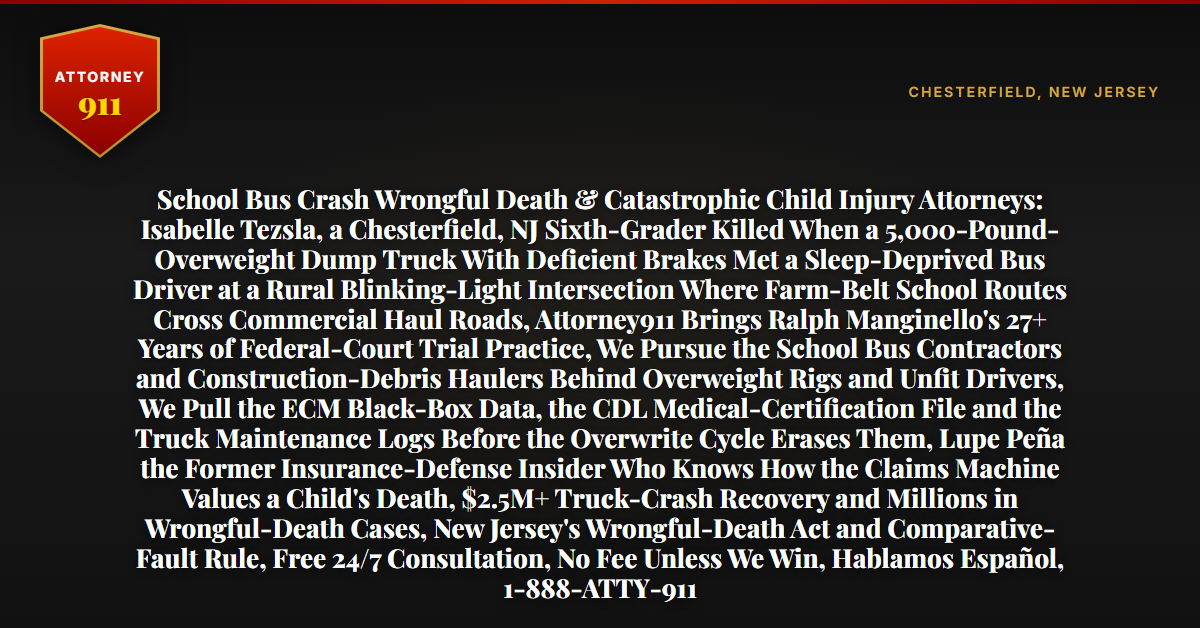 School Bus Crash Wrongful Death & Catastrophic Child Injury Attorneys: Isabelle Tezsla, a Chesterfield, NJ Sixth-Grader Killed When a 5,000-Pound-Overweight Dump Truck With Deficient Brakes Met a Sleep-Deprived Bus Driver at a Rural Blinking-Light Intersection Where Farm-Belt School Routes Cross Commercial Haul Roads, Attorney911 Brings Ralph Manginello's 27+ Years of Federal-Court Trial Practice, We Pursue the School Bus Contractors and Construction-Debris Haulers Behind Overweight Rigs and Unfit Drivers, We Pull the ECM Black-Box Data, the CDL Medical-Certification File and the Truck Maintenance Logs Before the Overwrite Cycle Erases Them, Lupe Peña the Former Insurance-Defense Insider Who Knows How the Claims Machine Values a Child's Death, $2.5M+ Truck-Crash Recovery and Millions in Wrongful-Death Cases, New Jersey's Wrongful-Death Act and Comparative-Fault Rule, Free 24/7 Consultation, No Fee Unless We Win, Hablamos Español, 1-888-ATTY-911 - Attorney911