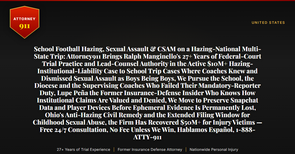 School Football Hazing, Sexual Assault & CSAM on a Hazing-National Multi-State Trip: Attorney911 Brings Ralph Manginello's 27+ Years of Federal-Court Trial Practice and Lead-Counsel Authority in the Active $10M+ Hazing-Institutional-Liability Case to School Trip Cases Where Coaches Knew and Dismissed Sexual Assault as Boys Being Boys, We Pursue the School, the Diocese and the Supervising Coaches Who Failed Their Mandatory-Reporter Duty, Lupe Peña the Former Insurance-Defense Insider Who Knows How Institutional Claims Are Valued and Denied, We Move to Preserve Snapchat Data and Player Devices Before Ephemeral Evidence Is Permanently Lost, Ohio's Anti-Hazing Civil Remedy and the Extended Filing Window for Childhood Sexual Abuse, the Firm Has Recovered $50M+ for Injury Victims — Free 24/7 Consultation, No Fee Unless We Win, Hablamos Español, 1-888-ATTY-911 - Attorney911