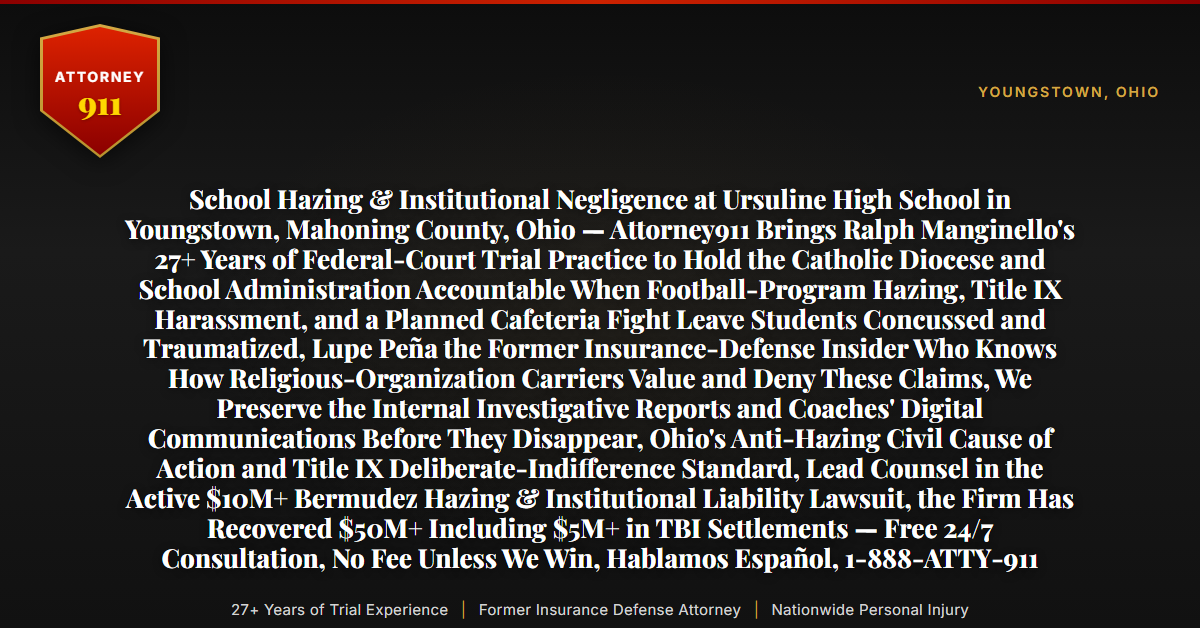 School Hazing & Institutional Negligence at Ursuline High School in Youngstown, Mahoning County, Ohio — Attorney911 Brings Ralph Manginello's 27+ Years of Federal-Court Trial Practice to Hold the Catholic Diocese and School Administration Accountable When Football-Program Hazing, Title IX Harassment, and a Planned Cafeteria Fight Leave Students Concussed and Traumatized, Lupe Peña the Former Insurance-Defense Insider Who Knows How Religious-Organization Carriers Value and Deny These Claims, We Preserve the Internal Investigative Reports and Coaches' Digital Communications Before They Disappear, Ohio's Anti-Hazing Civil Cause of Action and Title IX Deliberate-Indifference Standard, Lead Counsel in the Active $10M+ Bermudez Hazing & Institutional Liability Lawsuit, the Firm Has Recovered $50M+ Including $5M+ in TBI Settlements — Free 24/7 Consultation, No Fee Unless We Win, Hablamos Español, 1-888-ATTY-911 - Attorney911