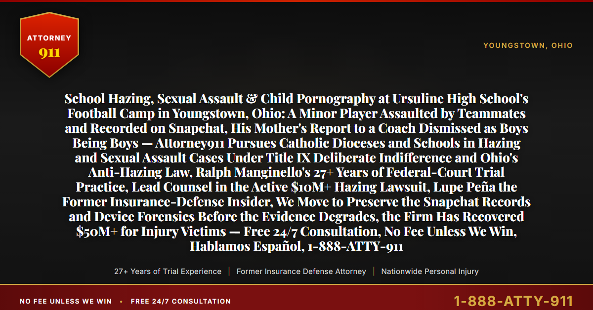 School Hazing, Sexual Assault & Child Pornography at Ursuline High School's Football Camp in Youngstown, Ohio: A Minor Player Assaulted by Teammates and Recorded on Snapchat, His Mother's Report to a Coach Dismissed as Boys Being Boys — Attorney911 Pursues Catholic Dioceses and Schools in Hazing and Sexual Assault Cases Under Title IX Deliberate Indifference and Ohio's Anti-Hazing Law, Ralph Manginello's 27+ Years of Federal-Court Trial Practice, Lead Counsel in the Active $10M+ Hazing Lawsuit, Lupe Peña the Former Insurance-Defense Insider, We Move to Preserve the Snapchat Records and Device Forensics Before the Evidence Degrades, the Firm Has Recovered $50M+ for Injury Victims — Free 24/7 Consultation, No Fee Unless We Win, Hablamos Español, 1-888-ATTY-911 - Attorney911